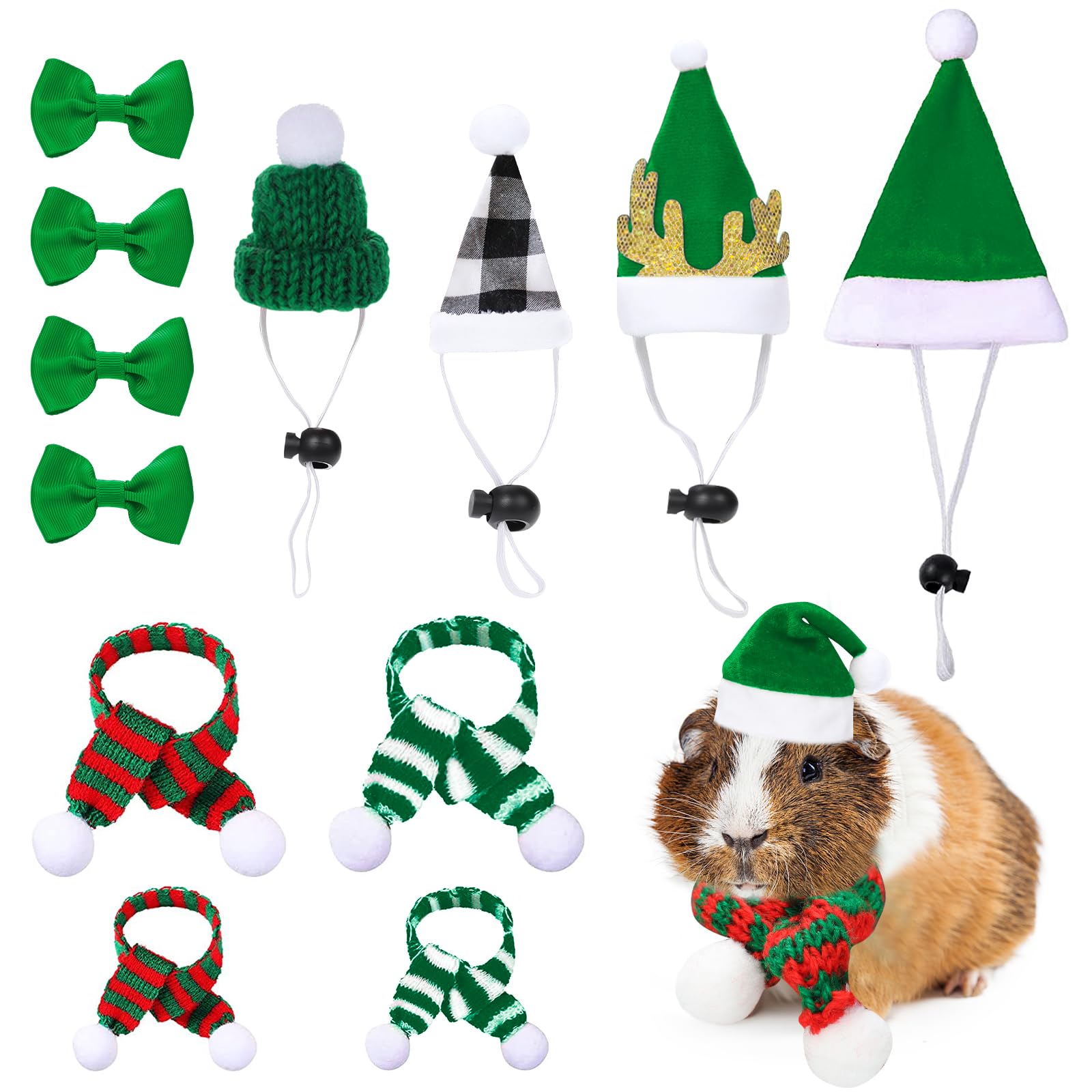 PStarDMoon12 Pieces Small Animal Christmas Costume Guinea Pig Costume Mini Santa Hats Tiny Santa Hats with Scarfs and Butterfly Ties for Hamster Guinea Pig Chinchilla Hedgehog Rabbit (Green) (Green)