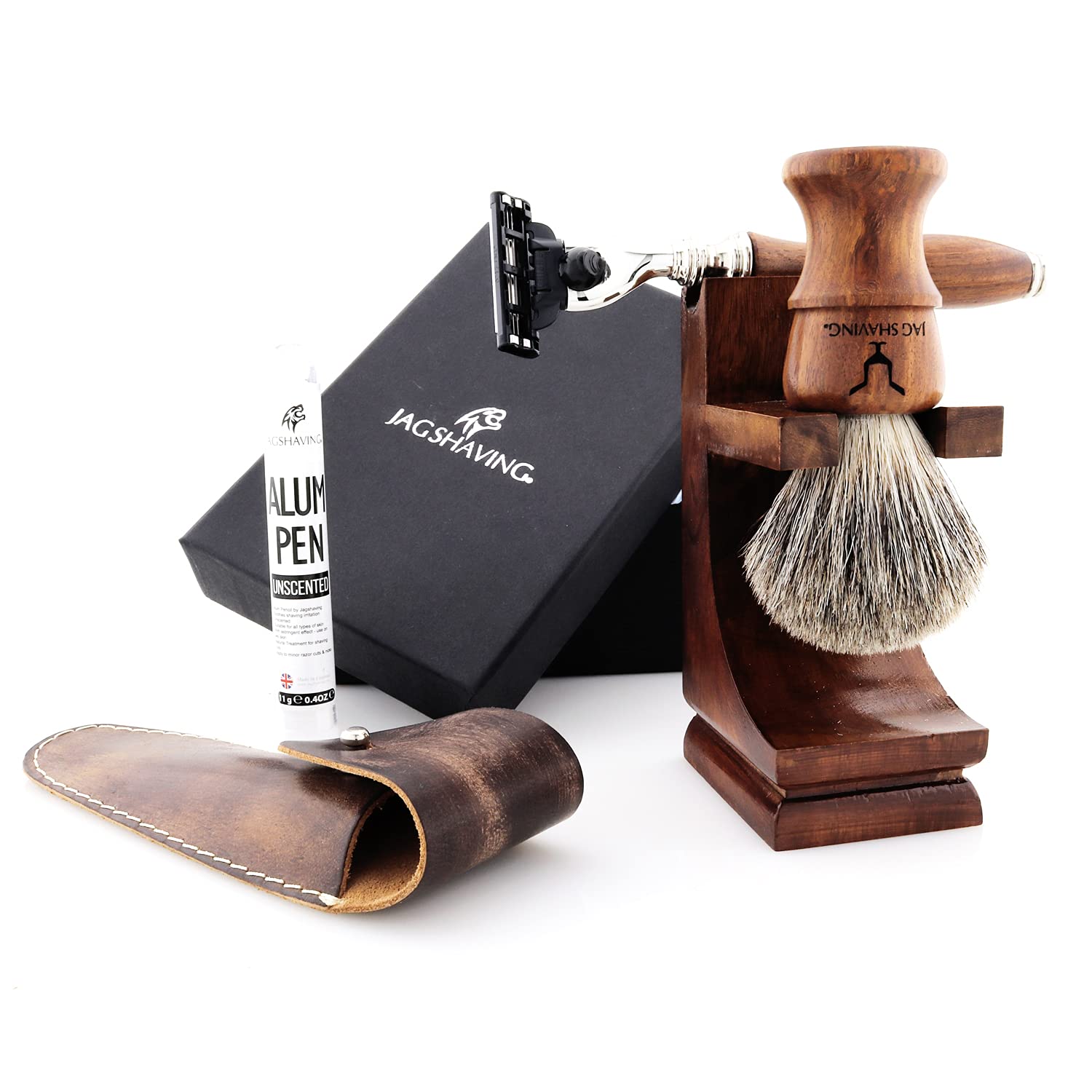 Jag Shaving zestaw do golenia – zrównoważony 4-częściowy zestaw do golenia z drewna – super pędzel do golenia – 3 ostrza do golenia – stojak do golenia – torba skórzana do golenia
