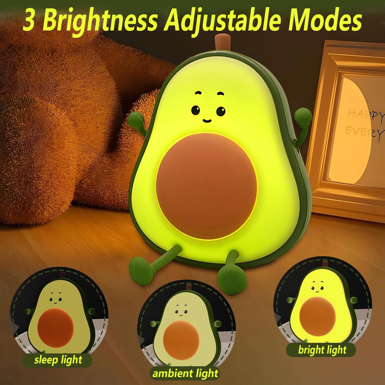 Avocado Night Light, Cute Kids Bedroom Lamp, USB Charging Timer, Room Fun Decorative Light, Boys, Girls Room Decoration Gift - Image 3