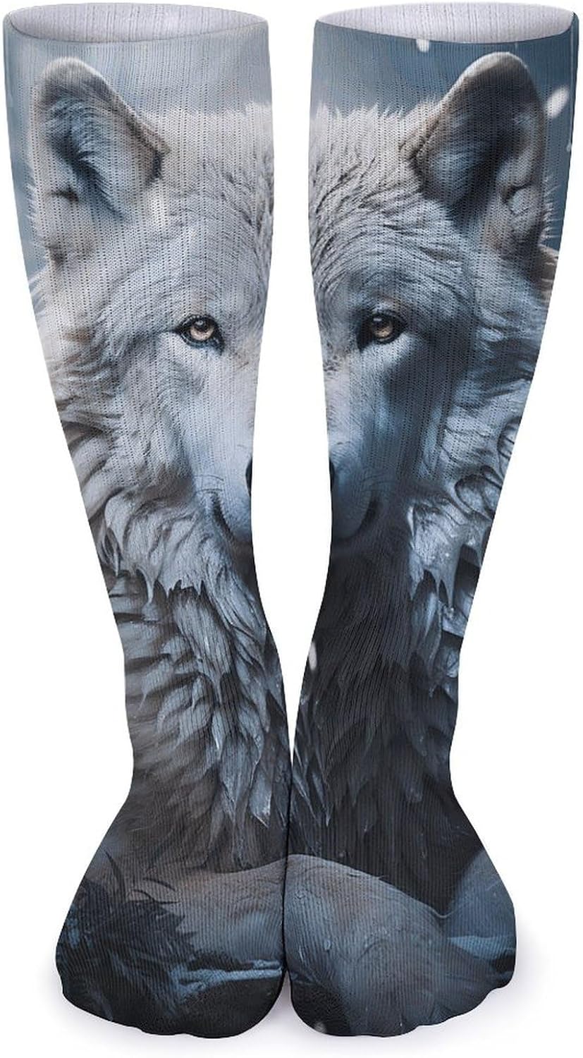 Breathable Crew Sock, Moisture Wicking, Athletic Calf Socks, Cozy | Wolf Sitting in The Snow Compression Socks for Women Men, Lightweight High Work Socks for Business, Casual