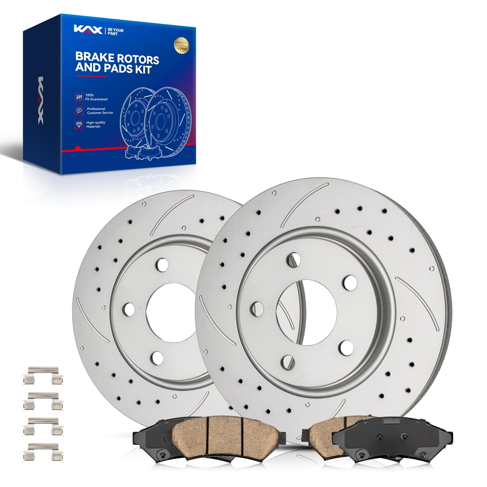 KAX Front Brake Kit, Drilled and Slotted Brake Rotors, Ceramic Brake Pads | Fits Buick LaCrosse 2005-2009, Pontiac Grand Prix 2005-2008, Chevrolet Uplander/Buick Terraza/Pontiac Montana 2005