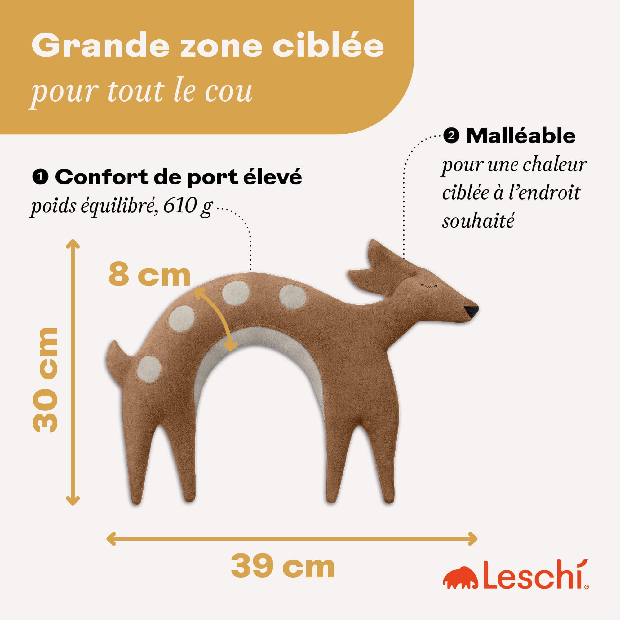 LESCHI Coussin chauffant micro ondes en coton 100% bio, Faon brun doré, Bouillotte graines de blé 100% bio, Bouillotte micro-ondes idéale pour réchauffer cervicale, épaules, cou, nuque
