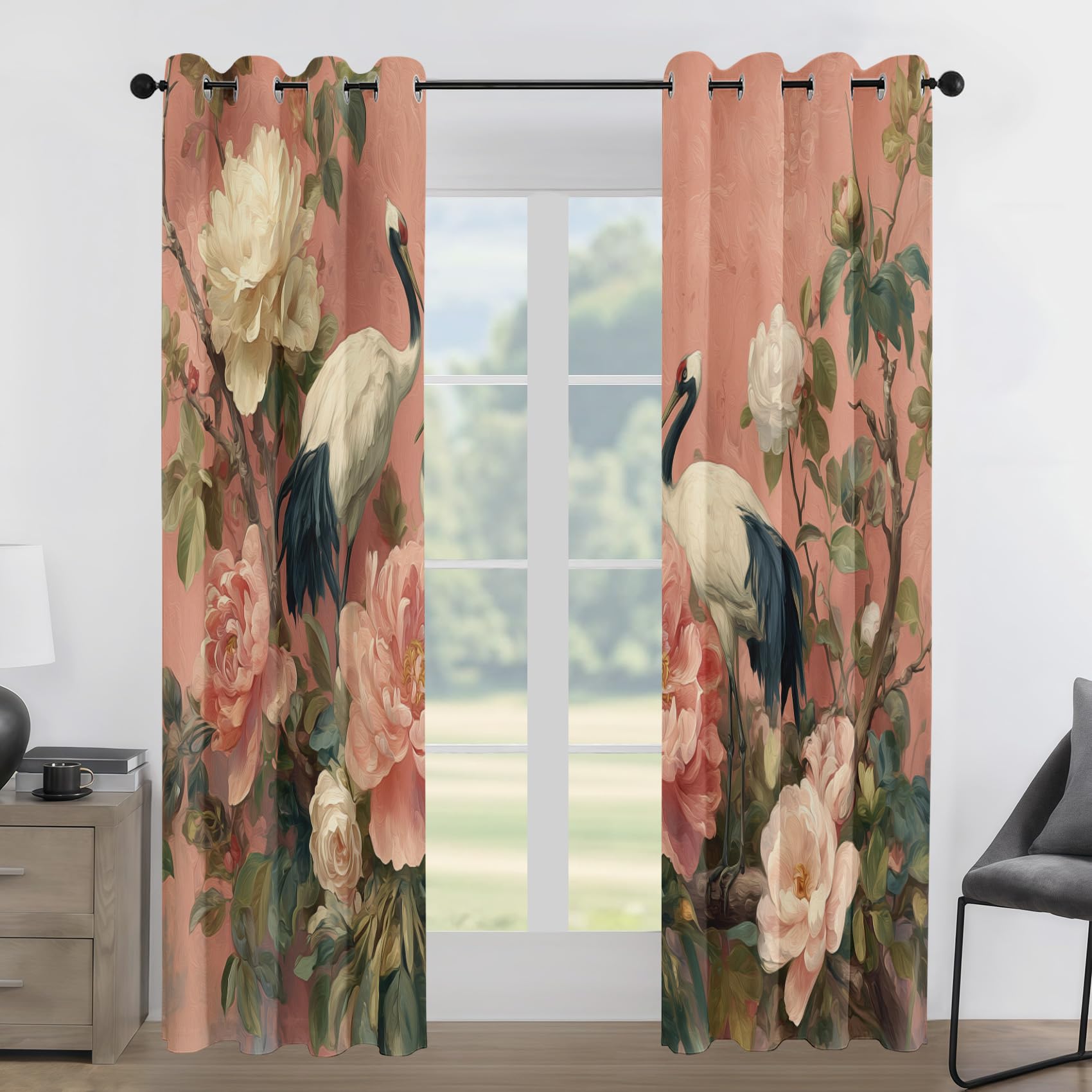 Générique Lot de 2 Rideau Occultant Oiseau Fleur Chinois, Impression Fleur de Pivoine Rideaux de Fenêtre Thermique Isolants Anti Bruit a Oeillets Rideaux Chambre Salon 140x280 cm H39y