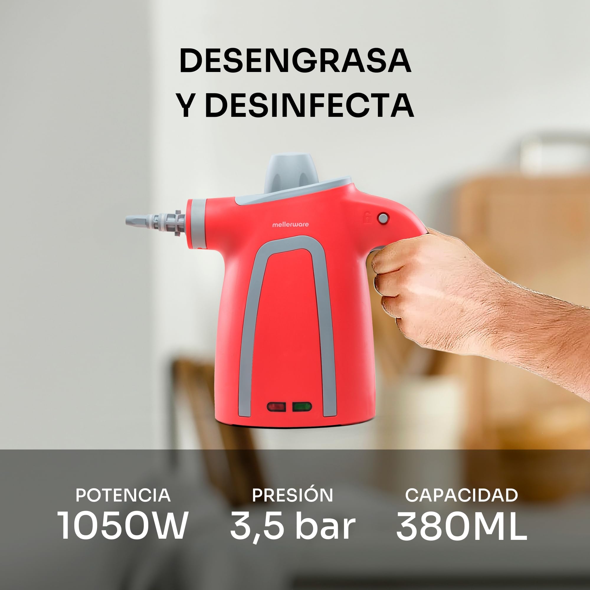 Mellerware Limpiador a Vapor de Mano Fush! 1050W Vaporeta de Limpieza Hogar 380mL 9 Accesorios