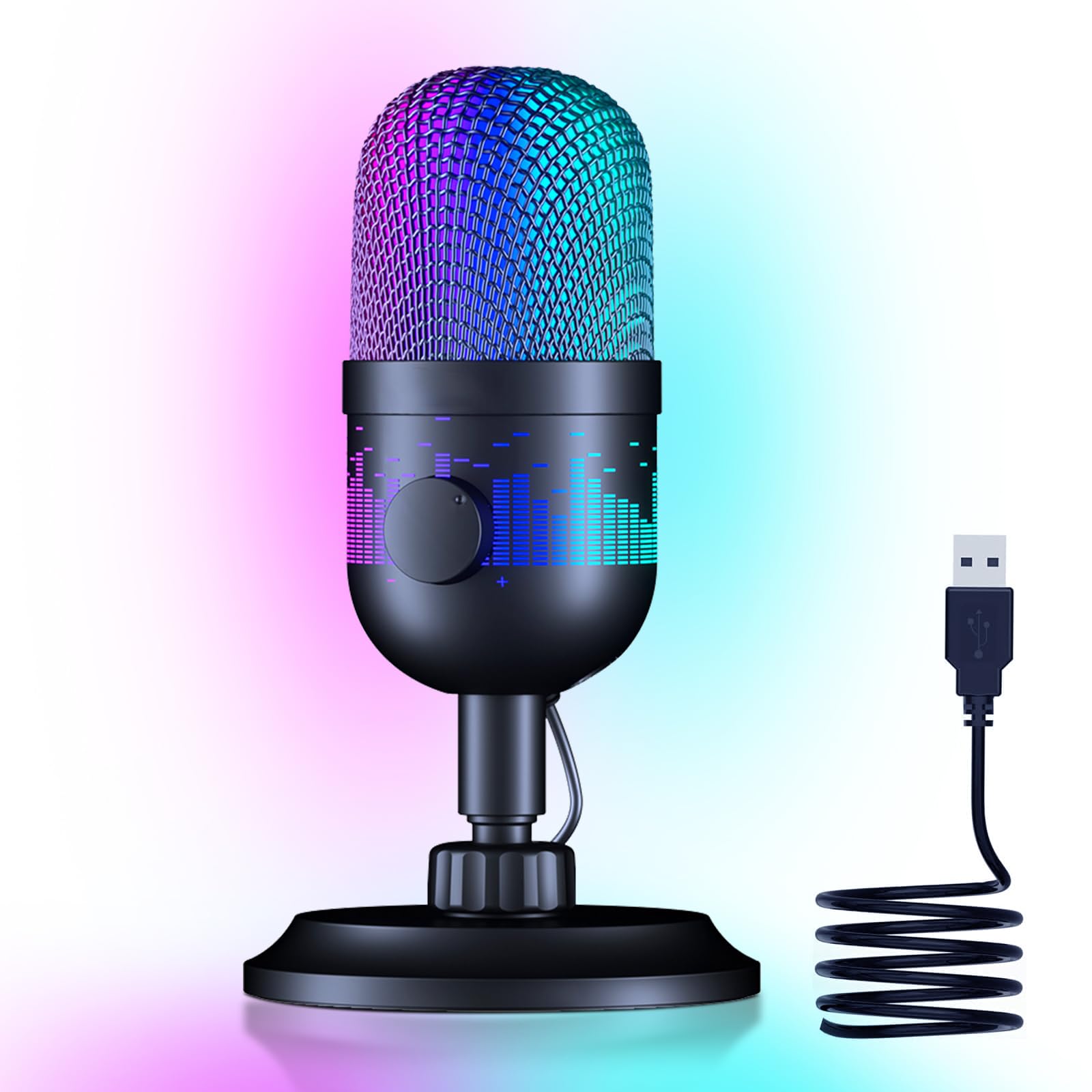 USB Gaming Microphone, Condenser Microphone with One-Touch Mute, Live Monitoring, Volume Control, Mute Button and RGB Lights for PC, Mac, PS5, Recording, Podcasting, YouTube