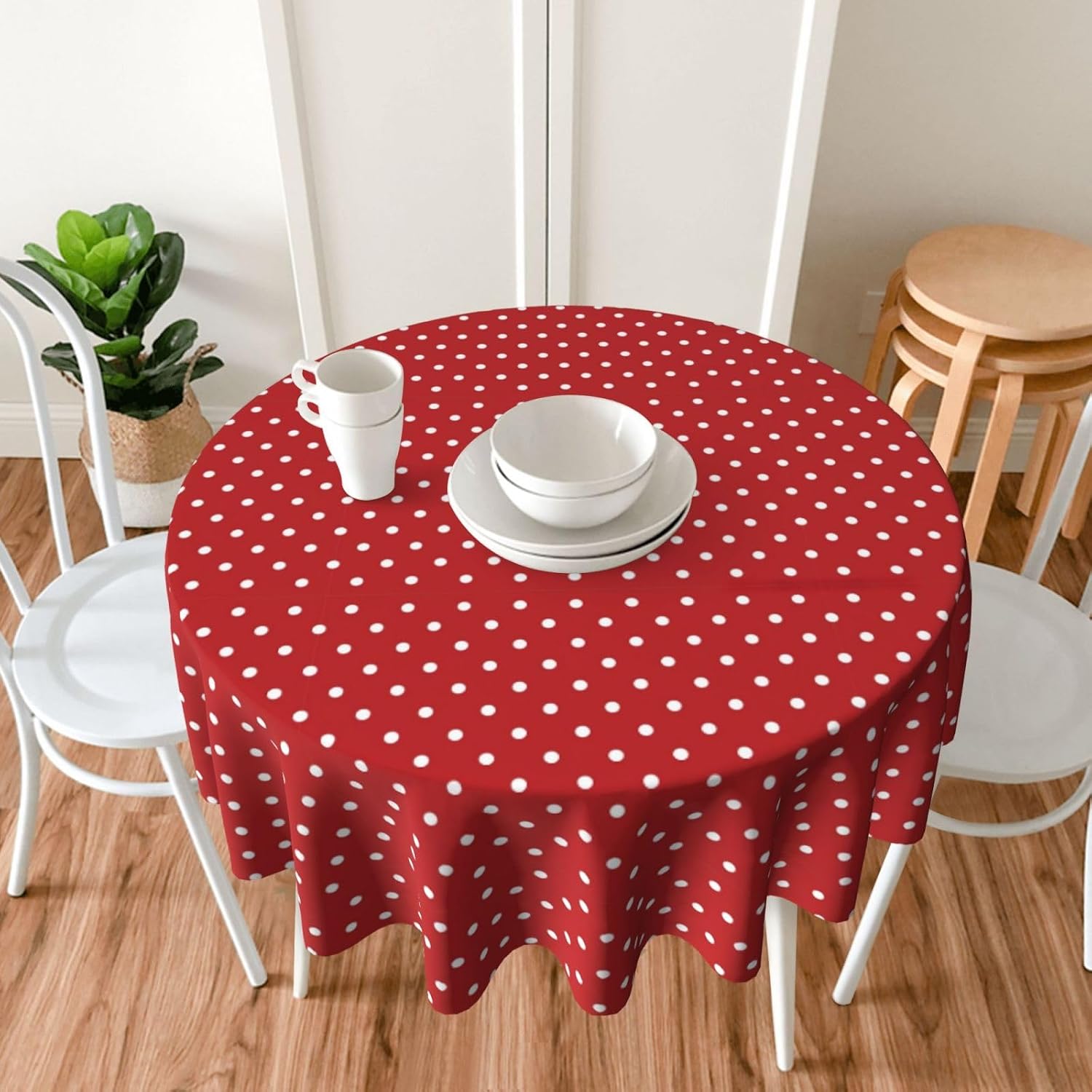 60 Inch Big White Dot Print Round Tablecloth,Decorative Table Cover for Weddings, Mothers Day, Outdoor BBQ