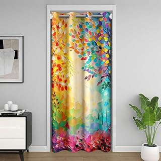 Tree Door Curtain for Doorway Privacy,Oil Painting Aesthetic Closet Door Cover Curtain for Bedroom Living Room,Modern Leaves Abstract Room Darkening Curtain Yellow Purple Blue Curtain,W34 X L80