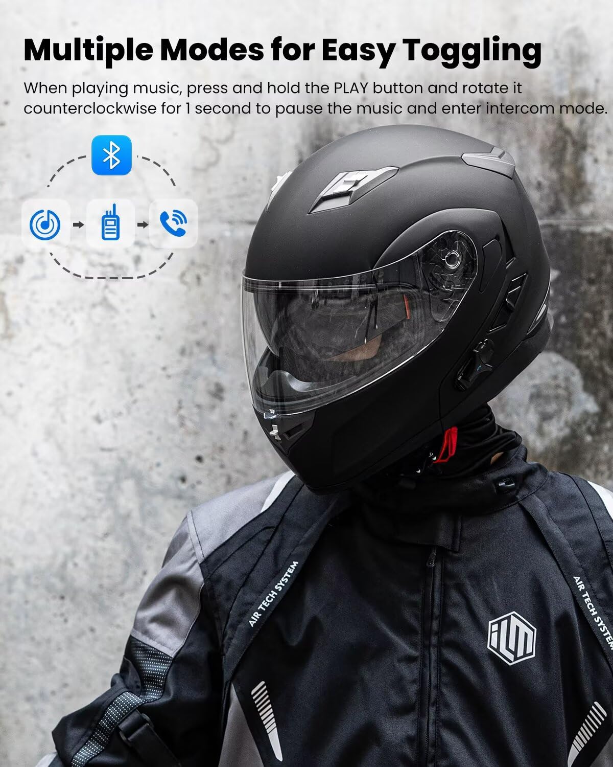 ILM Bluetooth Integrated Modular Flip up Full Face Motorcycle Helmet Sun Shield Mp3 Intercom Model 953BT MAX (L, Black) Automotive