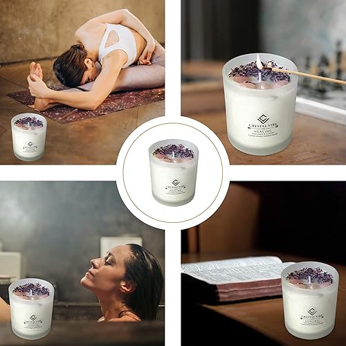 Miniatura 4 de Crystal Vibe Vela de cristal curativo con cristales de cuarzo rosa y pétalos de lavanda, vela perfumada de cera de soja natural para meditación de