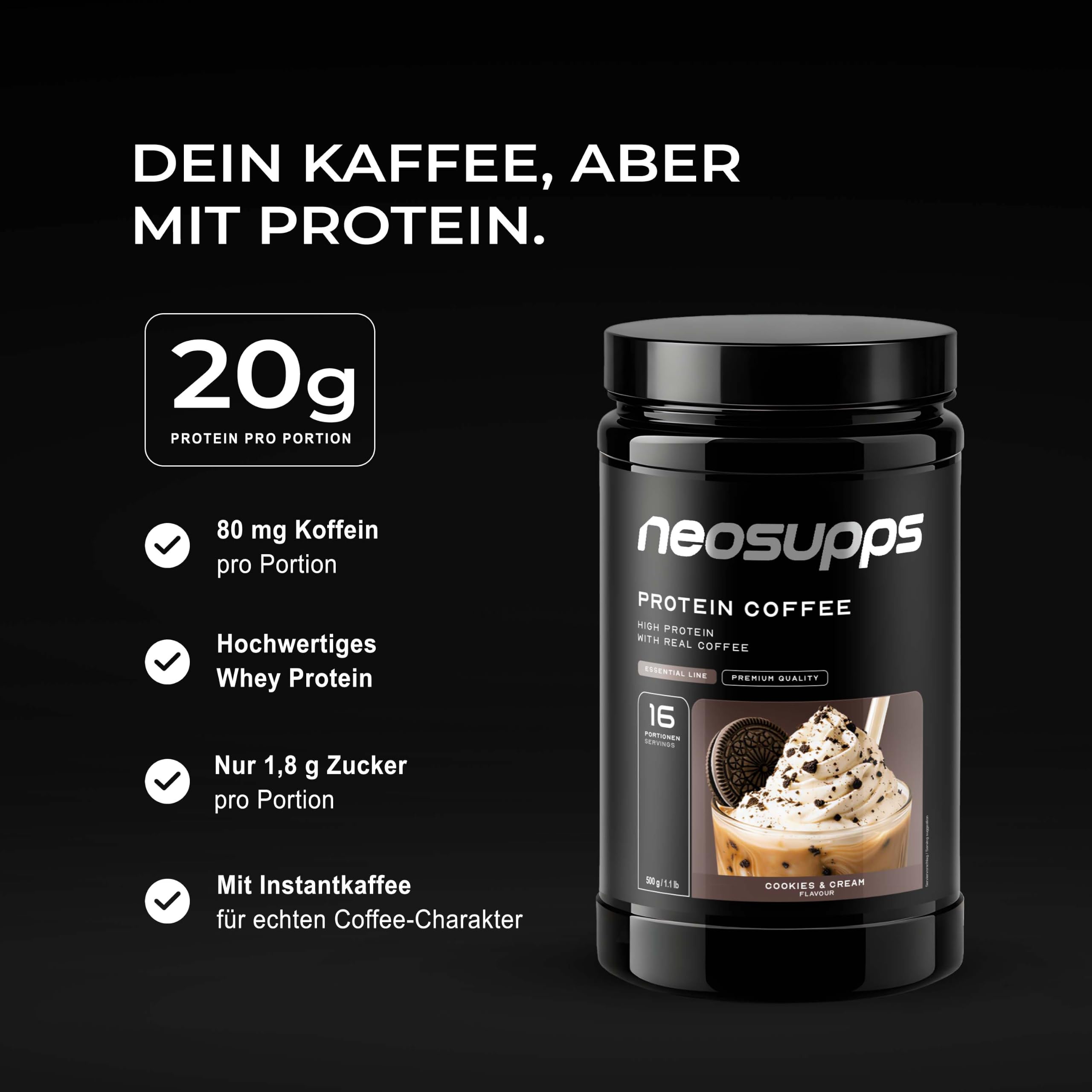 NEOSUPPS Protein Coffee Cookies & Cream 500g, Eiweißkaffee mit 20g Molkenprotein & 80mg Koffein pro Portion, Low Sugar Protein Drink mit echtem Kaffee & Cookie-Stückchen