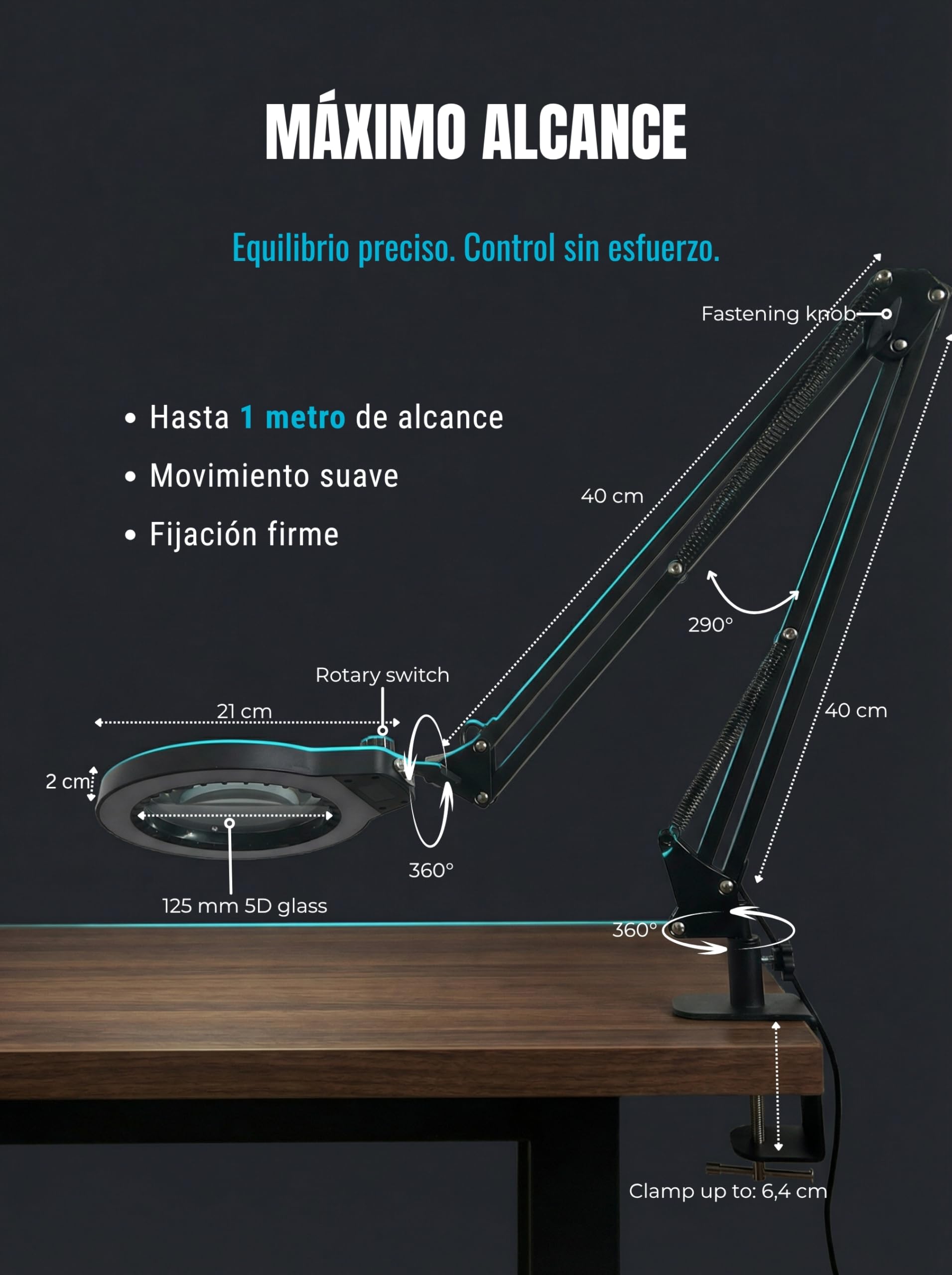 Lámpara Lupa LED con Pinza de Sujeción, Gran Lente de Cristal 5D | Cristal 12,5 cm, 100 LED, 5 colores, brazo 1 m, fuente 12V, mordaza 6,4 cm, precisión, afición, lectura