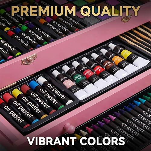 Miniatura 7 de Juego de arte de lujo de 175 piezas con 2 blocs de dibujo, pinturas acrílicas, lápices de colores, juego de pintura en estuche de madera, kit de