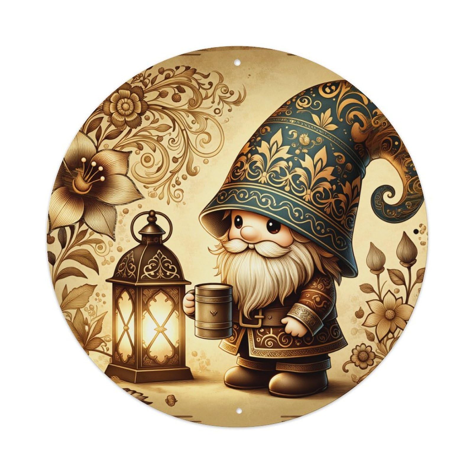 Floral Ornate Gnome Lantern Pattern Round Tin Sign Retro Metal Sign for Cafe Bar Pub Home Game Room Gym Club Wall Decoration Vintage Metal Poster 8x8 Inch