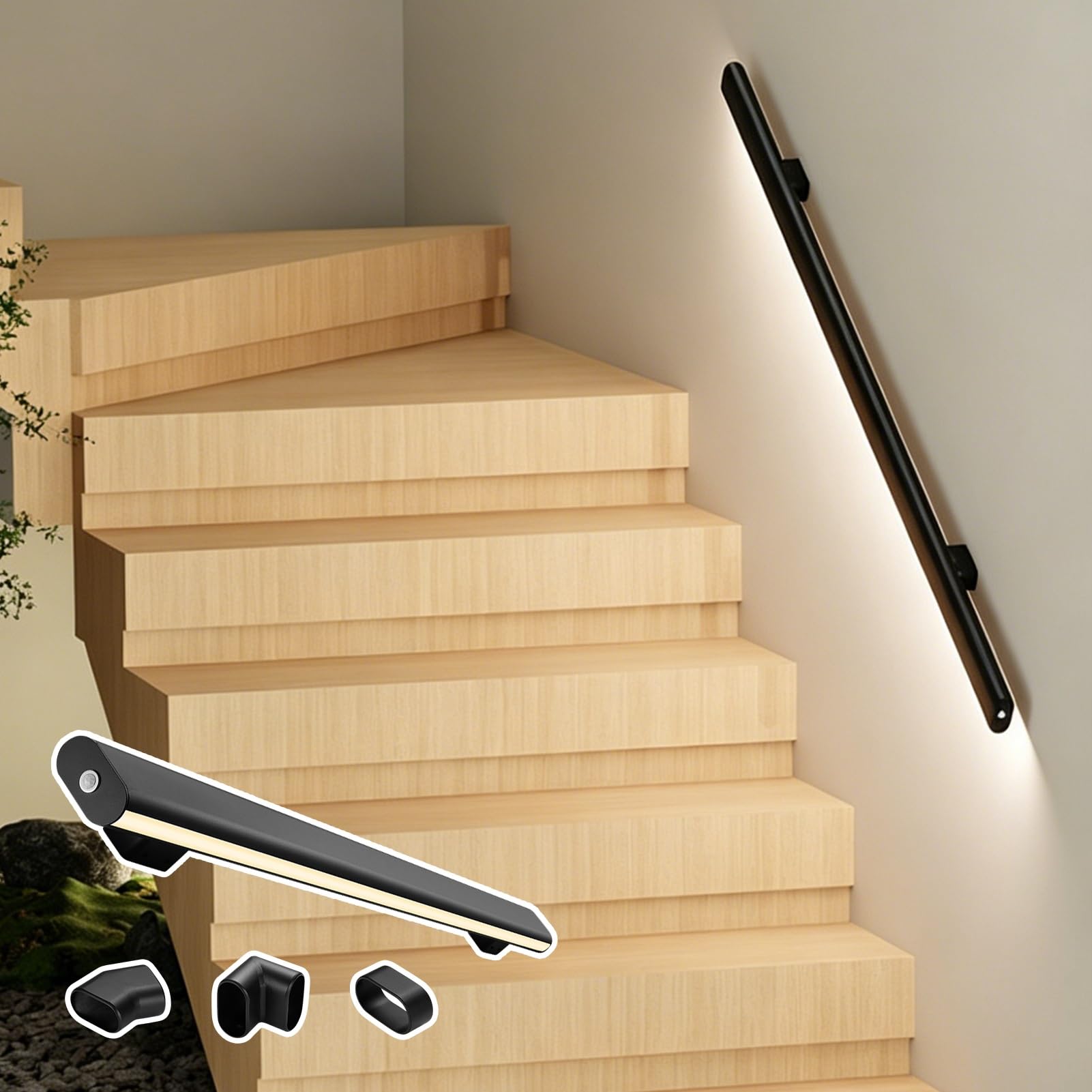 Viiguiy Right Black Ambiance Lighted Stair Handrail With Body Sensing, Luminous Smart Staircase Safety Rail, Minimalist Wall Mounted Handrails For Indoor Stairs(,250Cm/8.2Ft)