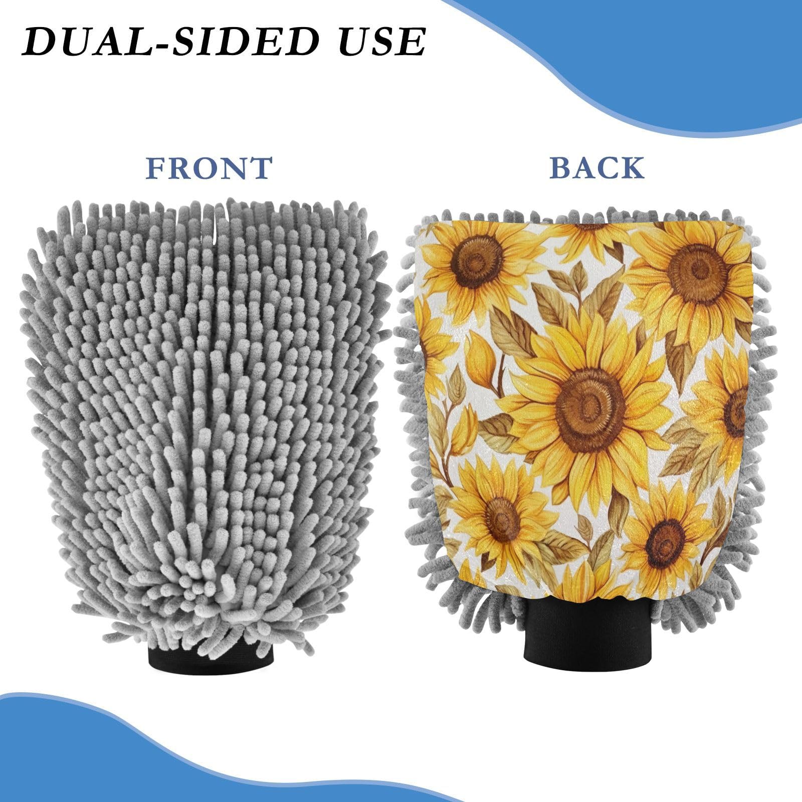 Flradish 2 Pack Vintage Sunflower Car Wash Mitt Chenille Microfiber Lint-Free Scratch Free Ultra-Soft Absorbent Car Wash Mitt 11.8x8.07 Inch