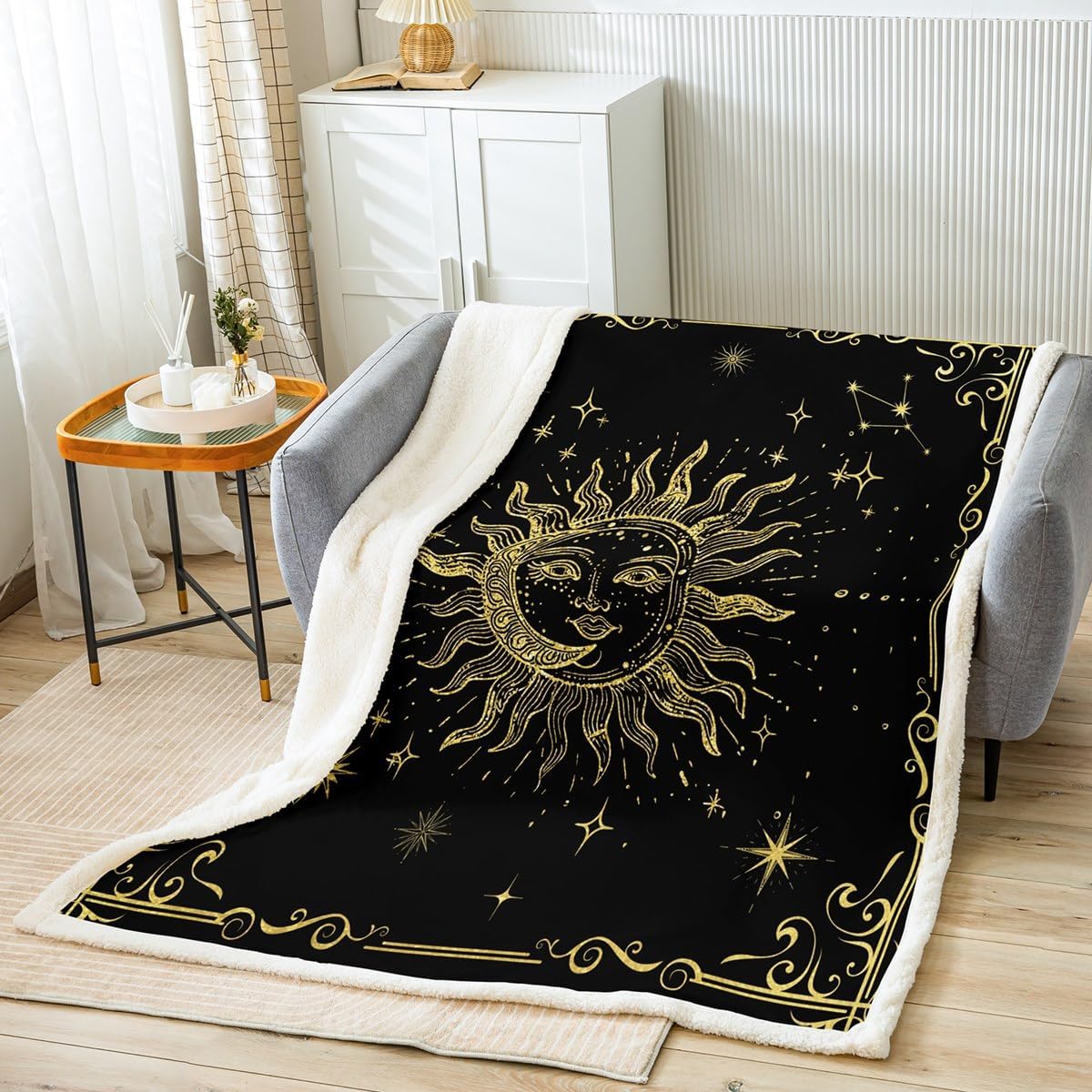 Erosebridal Boho Mandala Fleece Blanket Throw 50"X60" Gold Sun and Moon Throw Blanket for Kids Teens Adults Men,Space Celestial Stars Sherpa Blanket for Bed Sofa Couch Galaxy Stars Plush Bed Blanket