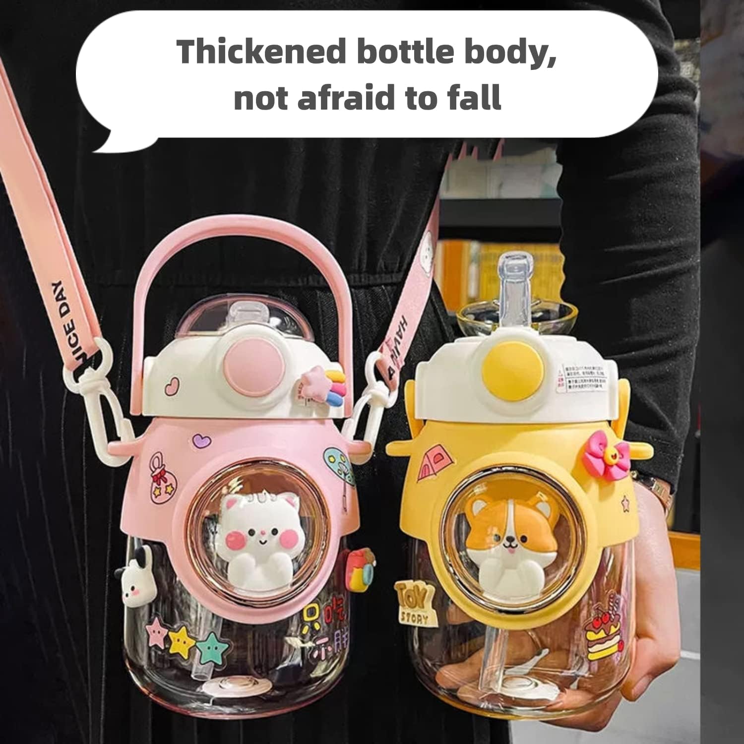 LEJN Kawaii Water Bottle with Adjustable Shoulder Strap Portable Leakproof BPA-free Cartoon Children Cup Capsule Bottle Traveling Hiking (Pink820ml) - Image 4