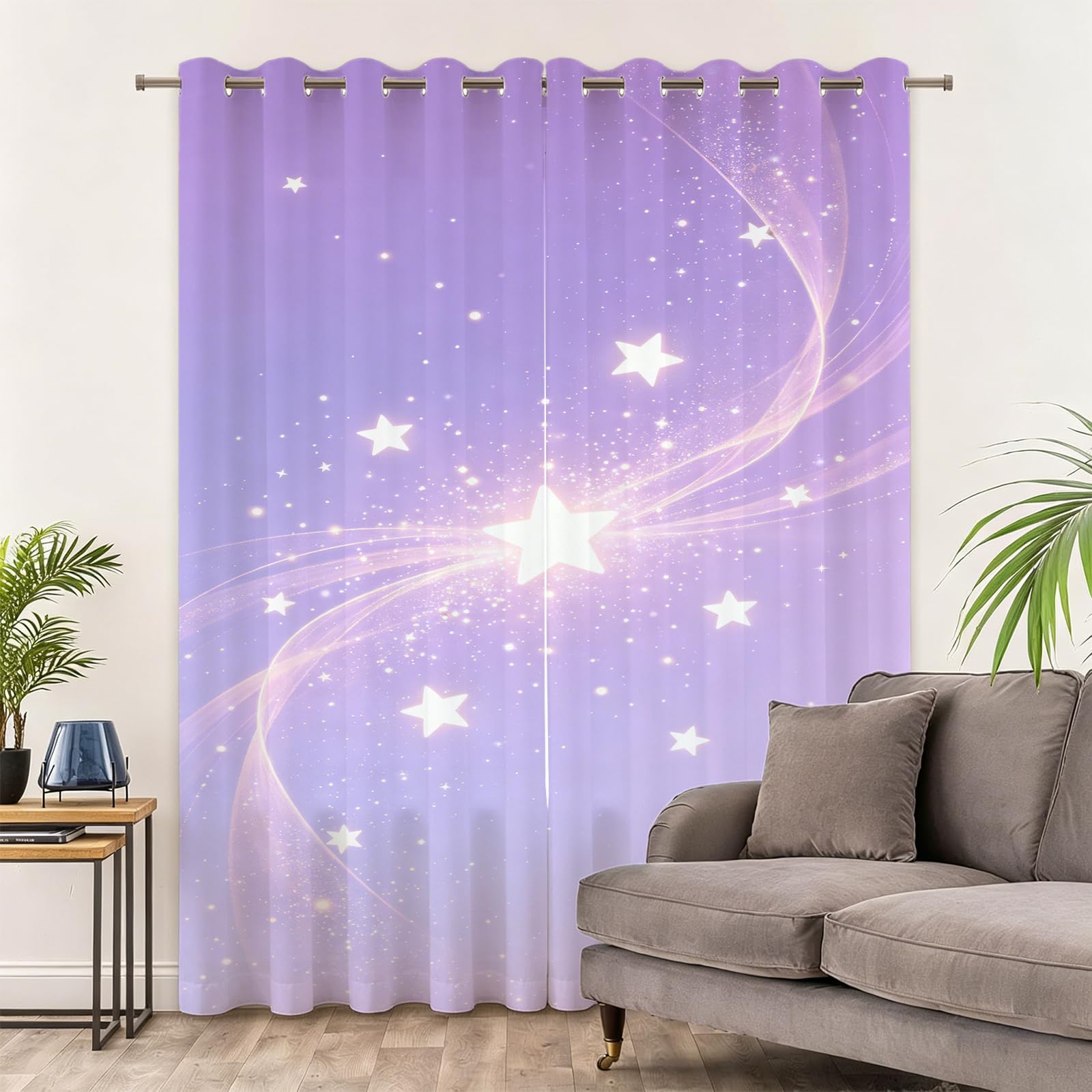 Verdunklungsgardine Weiße Sterne Ösenvorhang 2er Set H183 x B117 cm 3D Sternenhimmel-Motiv Kurze Blickdichte Gardinen Vorhang Thermo Hitzeschutz für Schlafzimmer Wohnzimmer C.1948