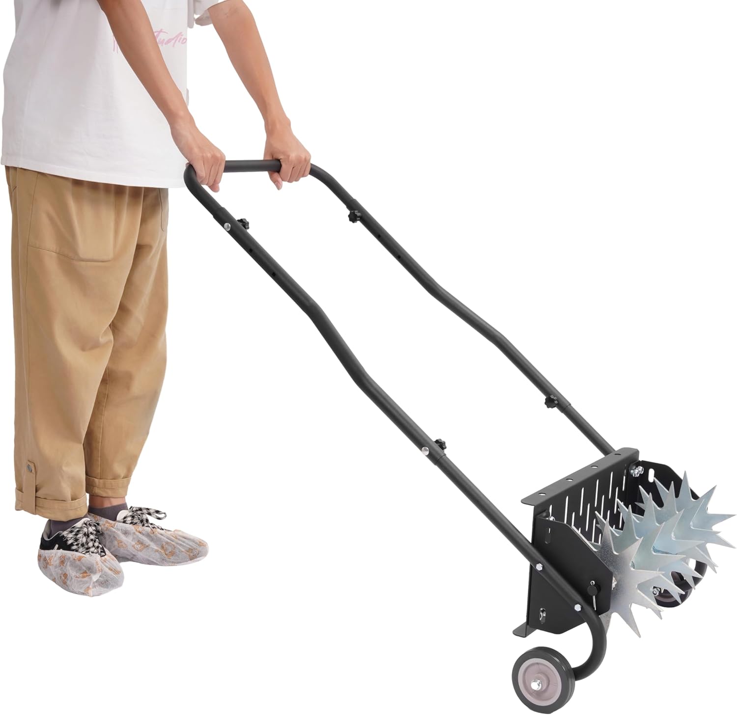 Push Spike Aerator Rolling Lawn Aerator, Rotary Spike Lawn Aerator, Manual Aeration Equipment W/Handle, 2 Wheels, 5 Steel Tines Suitable for Lawns, Garden, Yard Grass Aeration Steel+Plastic