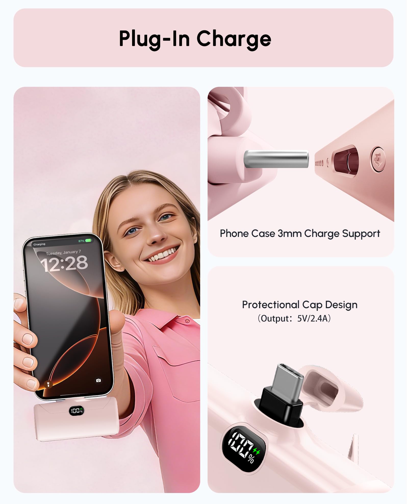 Caricabatterie portatile leggero USB C da 5000 mAh con cavalletto per iPhone 17, caricabatterie di tipo C con display digitale per iPhone 16/Samsung/telefoni Android, regalo rosa per i suoi telefoni