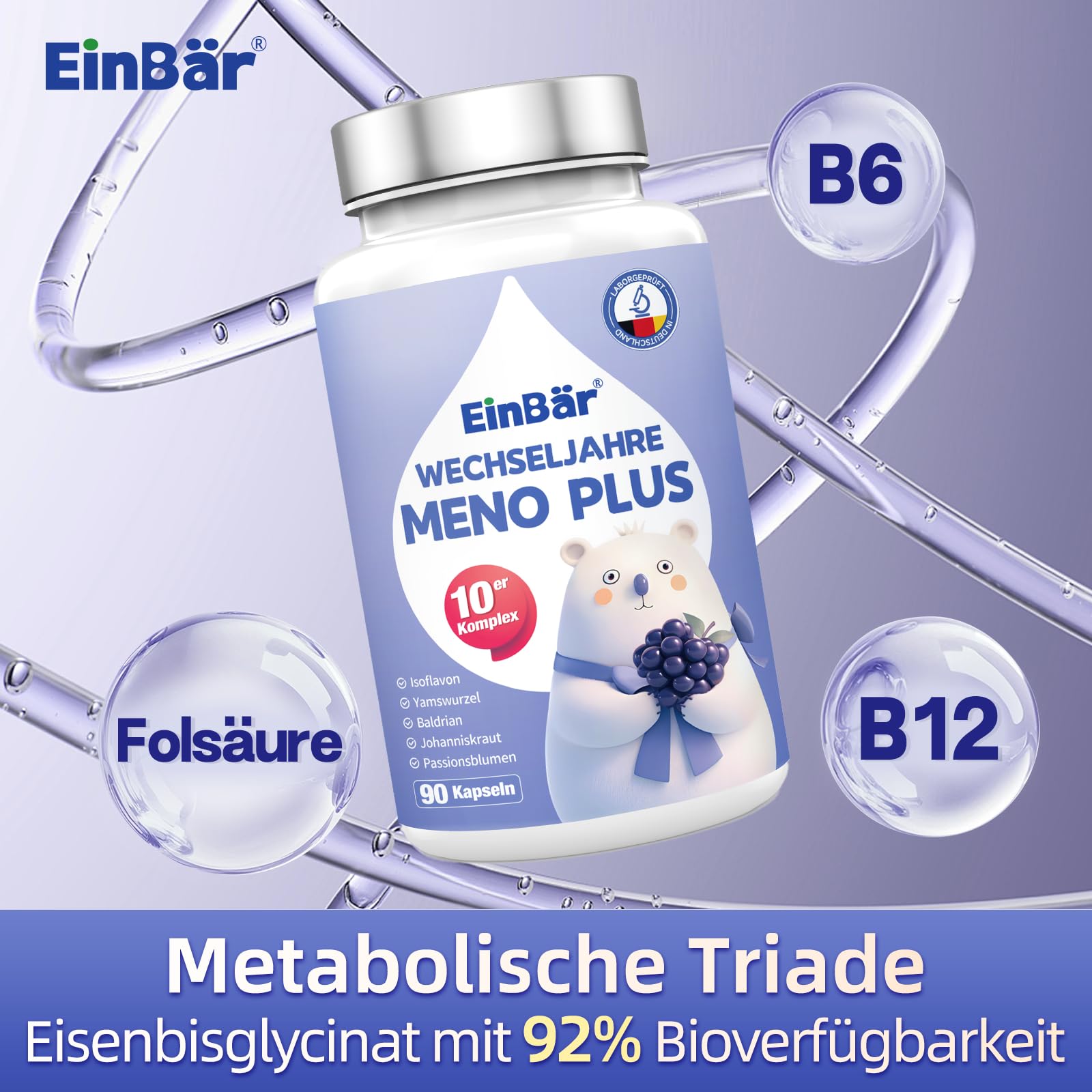 Wechseljahre Hormonbalance – 10-fach Komplex für Frauen mit Yamswurzel, Rotklee, Isoflavonen, Baldrian, Vitamin B9+B12 – MENO Formel vegan produziert in Deutschland