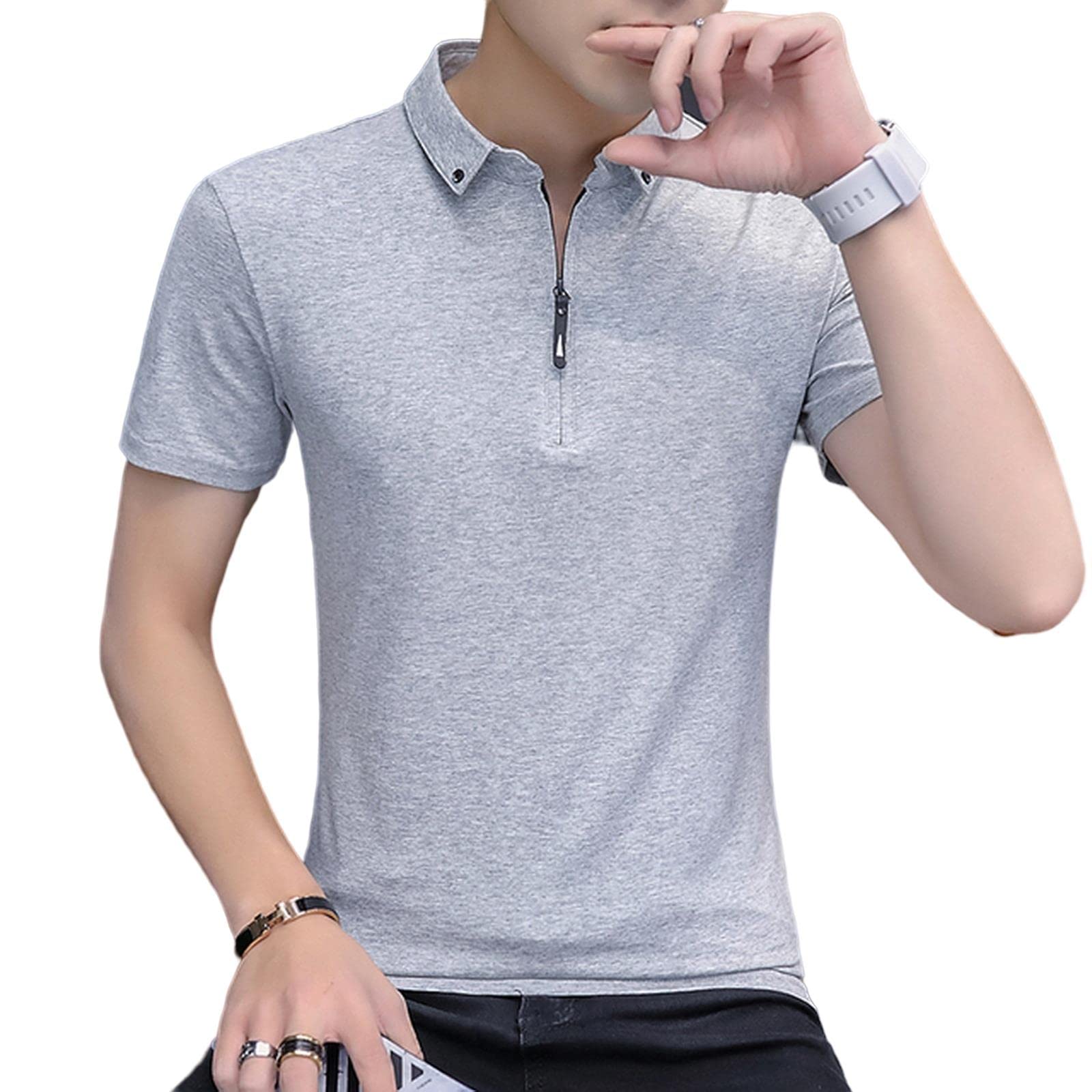 Camiseta casual de verano para hombre, talla grande, manga corta, cuello abatible, camisa ajustada para hombre, gris 2, L