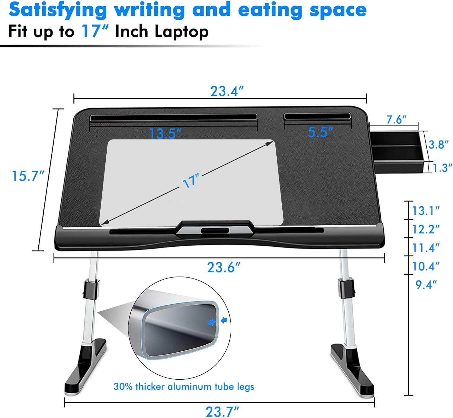 Laptop Bed Tray Table, Adjustable Foldable Bed Desk for Laptop with Storage Drawer Phone Holde for Eating, Working, Writing, Drawing - Fits Up to 17" Laptops (Black)