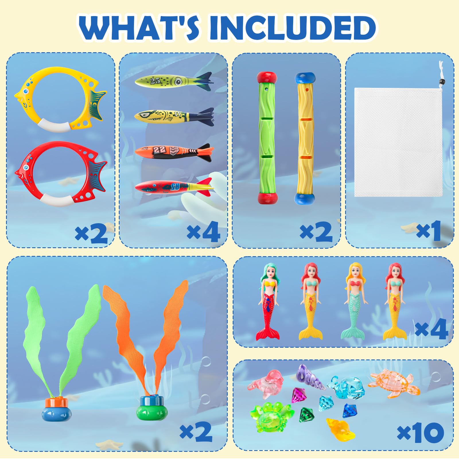 Kit 17 Pièces Jouets Piscine Plongée Enfants – Torpilles, Anneaux, Pierres Précieuses + Sac