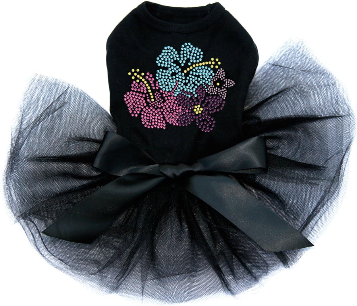 Pink, Blue & Purple Hibiscus - Bling Rhinestone Dog Tutu Dress, 3XL Black