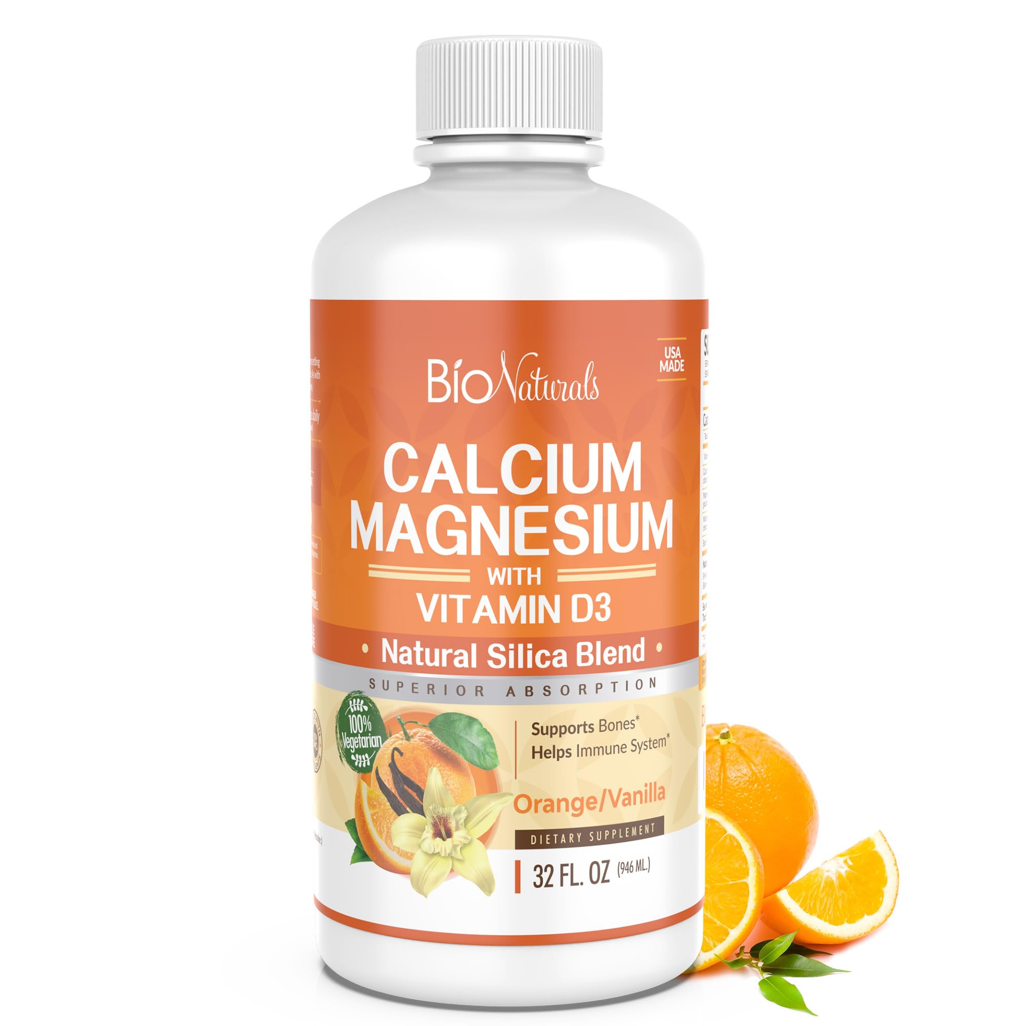 Bio Naturals Calcium & Magnesium Liquid Supplement with Vitamin D3 - Natural Formula, FOUR Types of Calcium Supports Strong Bones with Superior Absorption to Pills - 100% Vegetarian - 32 fl oz