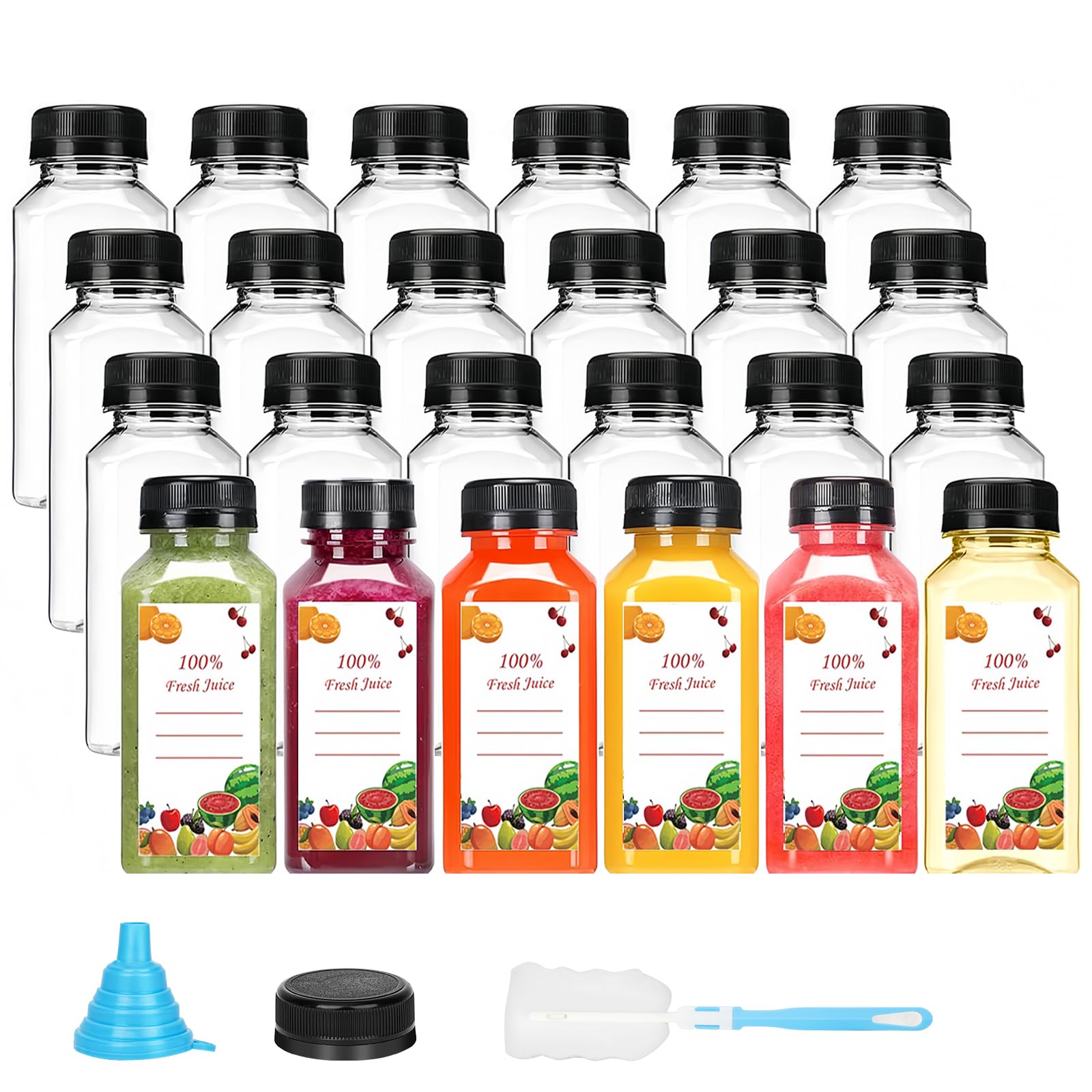 1Zizifa8 Clear 250 Ml Plastic Juice Bottles 24 Pack Empty Plastic Water Bottles With Caps, Bulk Sell Reusable Beverage Containers For Drinking, Juicing, Smoothie, Water With 1 Brushes, 1 Funnels, 24 Stickers