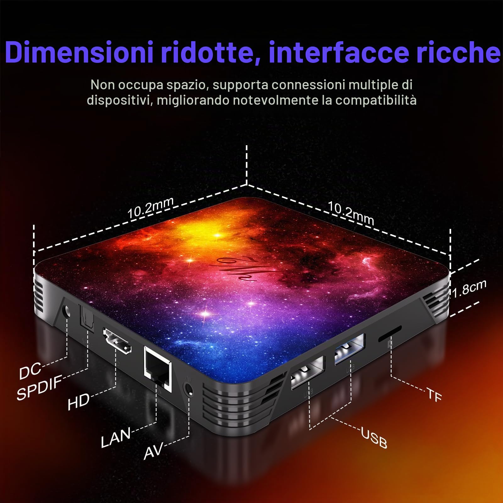 Android TV 14, 4 GB RAM 128 GB ROM Mali-G31, WiFi 2.4G & 5G, Bluetooth 4.2, 4K UHD 3D, porte USB & HDMI, mini tastiera e supporto IPTV