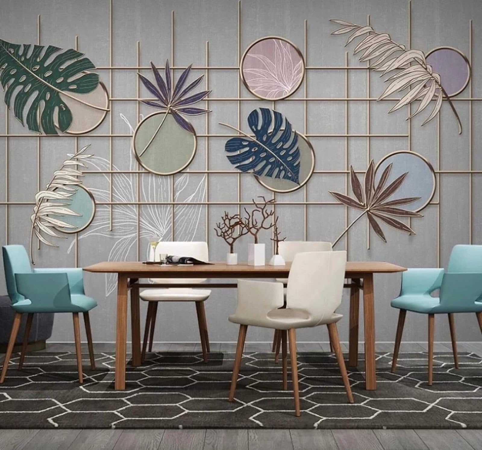 Creative Geometric Grid Plants Leaves 3D Wallpaper Easy Install Feature Office Living Room Sofa Bedroom TV Background Wall Decoration-300cm×210cm