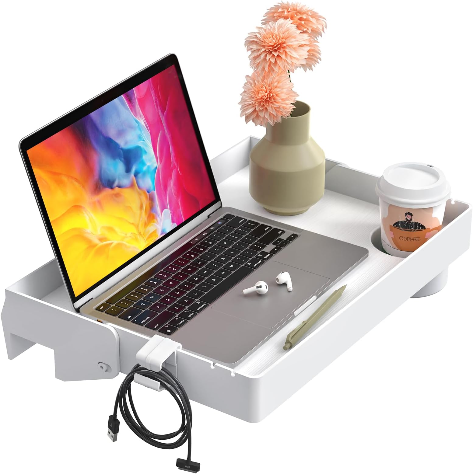 SPACEKEEPER Folding Bedside Shelf with Cupholder, Clip-On Bedside Table, Bed Hanging Tray, Caddy Organizer for Bed & Bunk Bed, College, Dorm, Loft, Bed Essentials, 43 x 29cm, White