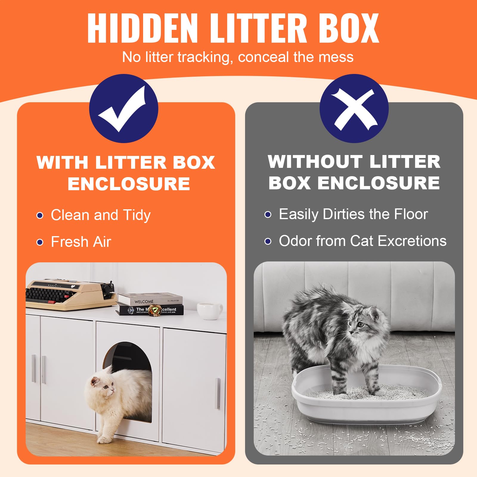 VEVOR Muebles de Baño Oculto para Gatos 1,47 x 0,46 x 0,45 m Casa de Inodoro Con Puertas Decoradas de Ratán Armario de Madera para Ocultar Las Cajas de Arena, Blanco