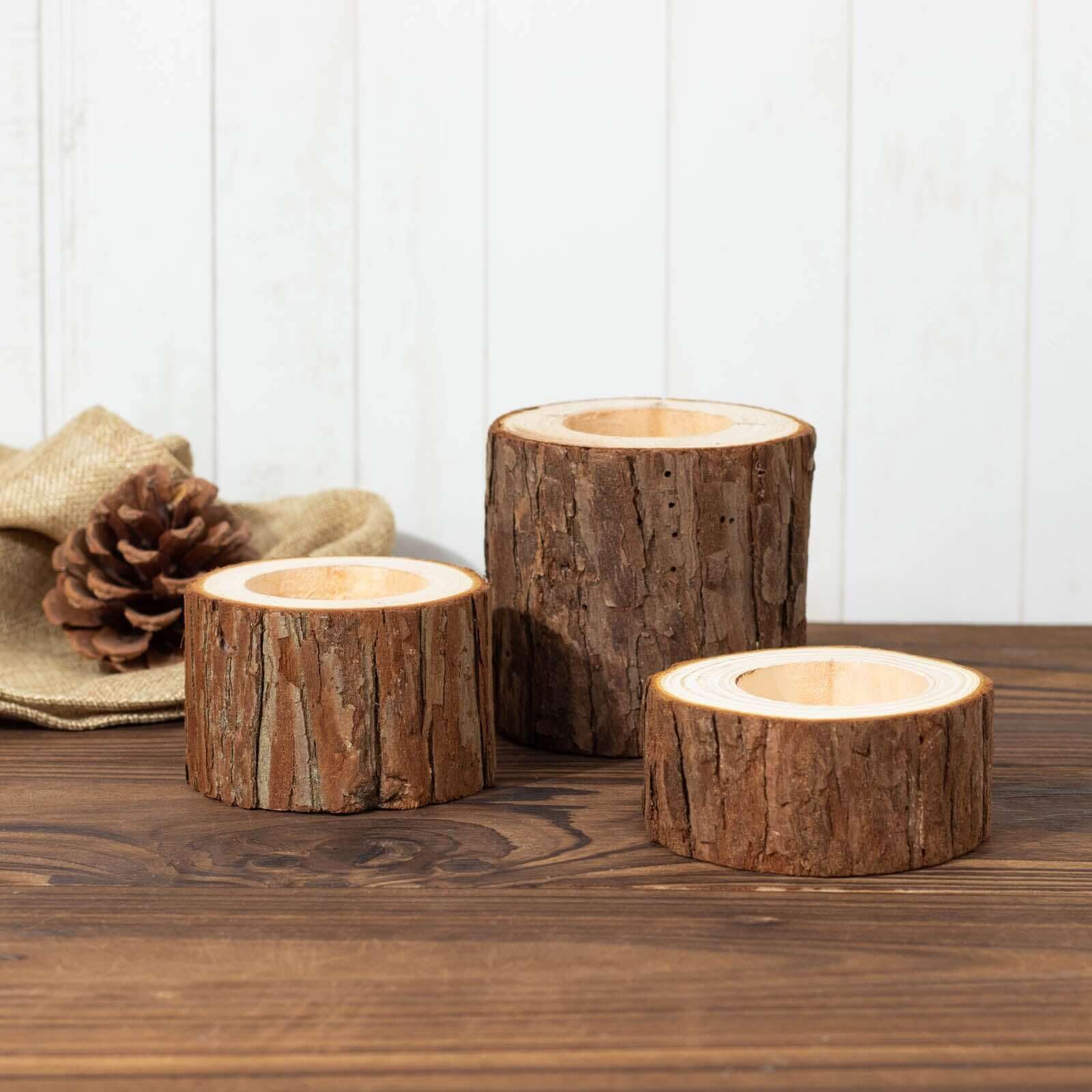 Tableclothsfactory Set of 3 | Assorted Farmhouse Wood Slice Votive Candle Holders, Rustic Tree Branch Wedding Table Décor - 2.75