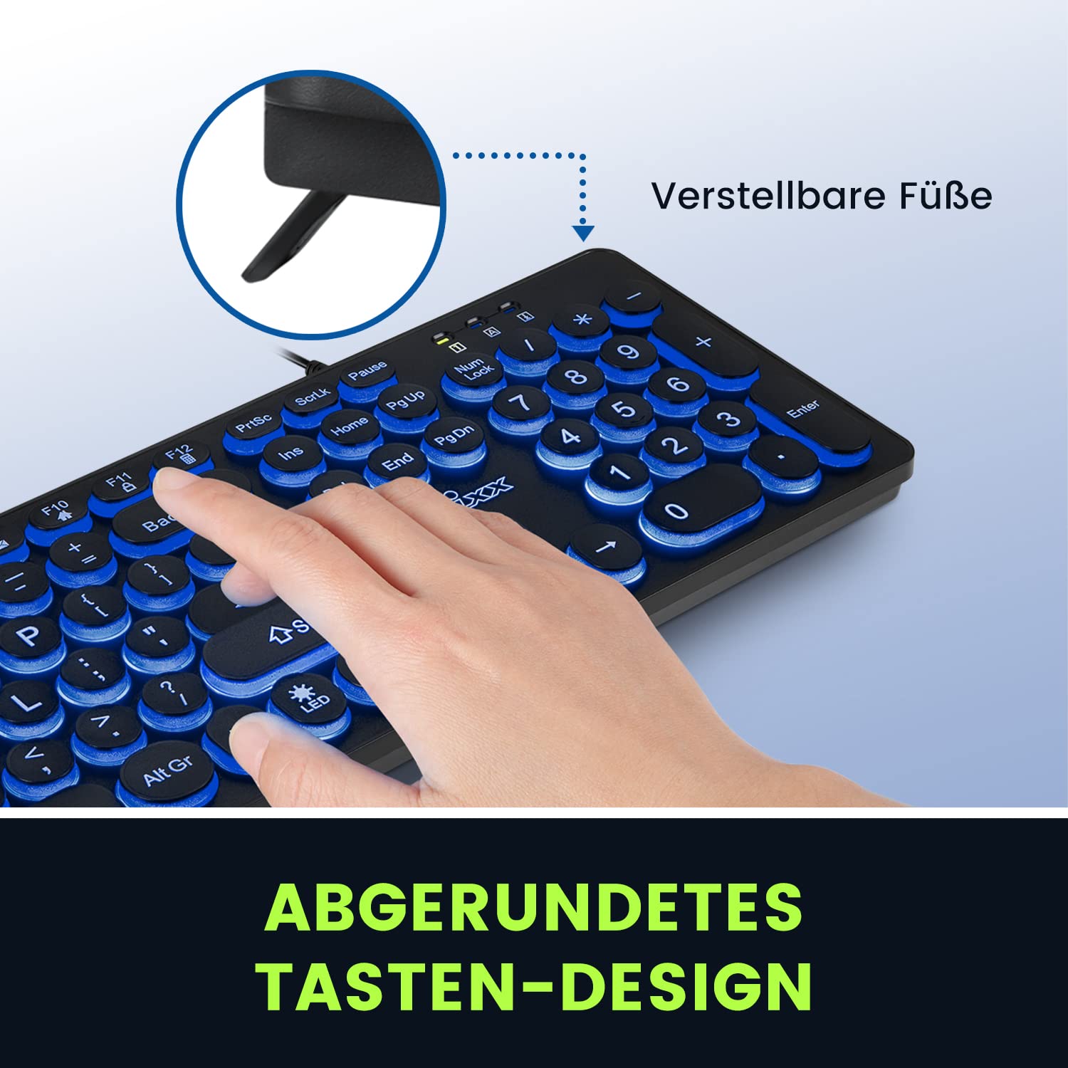 Perixx PERIBOARD-317R - Tastiera cablata USB retroilluminata, lettere maiuscole - LED luminoso tricolore - eleganti tasti rotondi - layout QWERTZ tedesco