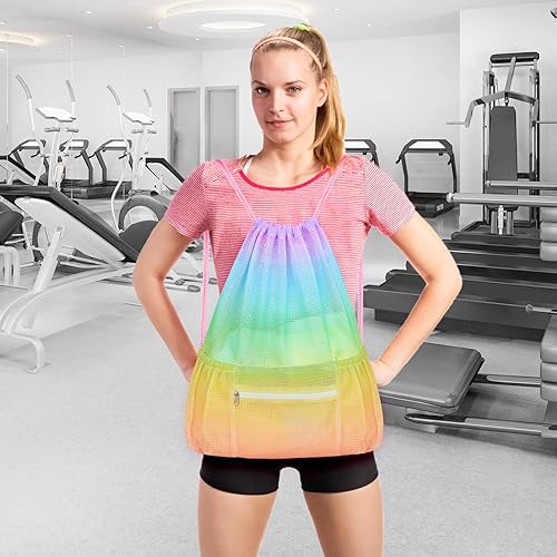 Miniatura 5 de Bolsa de malla con cordón y bolsillo con cremallera, bolsa de playa para equipo de natación, mochila de gimnasio, bolsa de almacenamiento para
