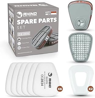 Kit de Acessórios de Cobertura Facial RHINO Smart Solutions 6 Almofadas Filtrantes 2 Cartuchos Filtrantes 2 Tampas, Gás e Poeira, para Agricultura, Bricolagem, Pintura