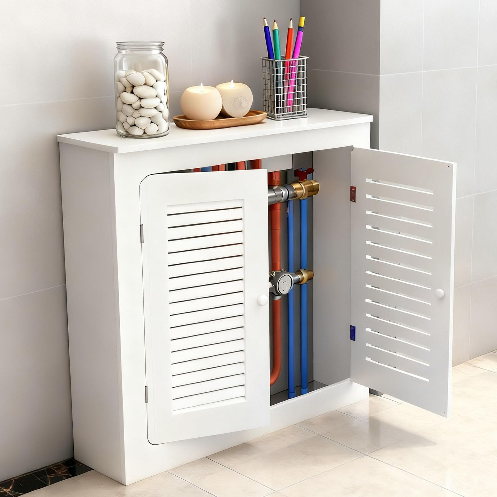Cubierta de radiador blanca de 80 cm mueble para tapar radiadores con puertas