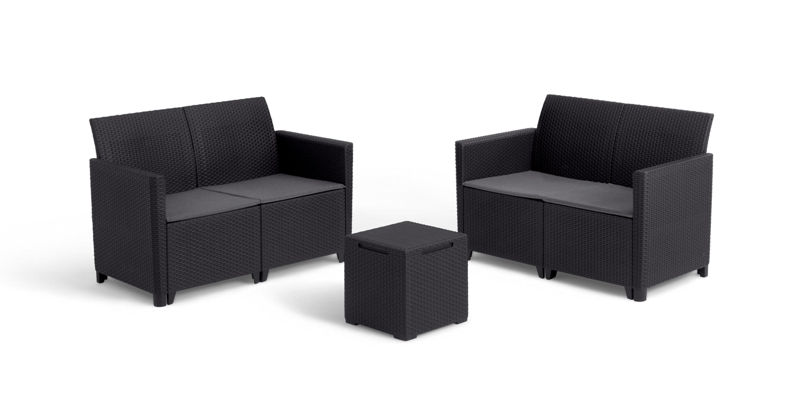 Keter Nora Conjunto de jardín Exterior 4 plazas con Cojines incluidos y Mesa de almacenaje Auxiliar de 35L, Posibilidad de 2 configuraciones de Montaje (2+2 o 3+1), Color Grafito