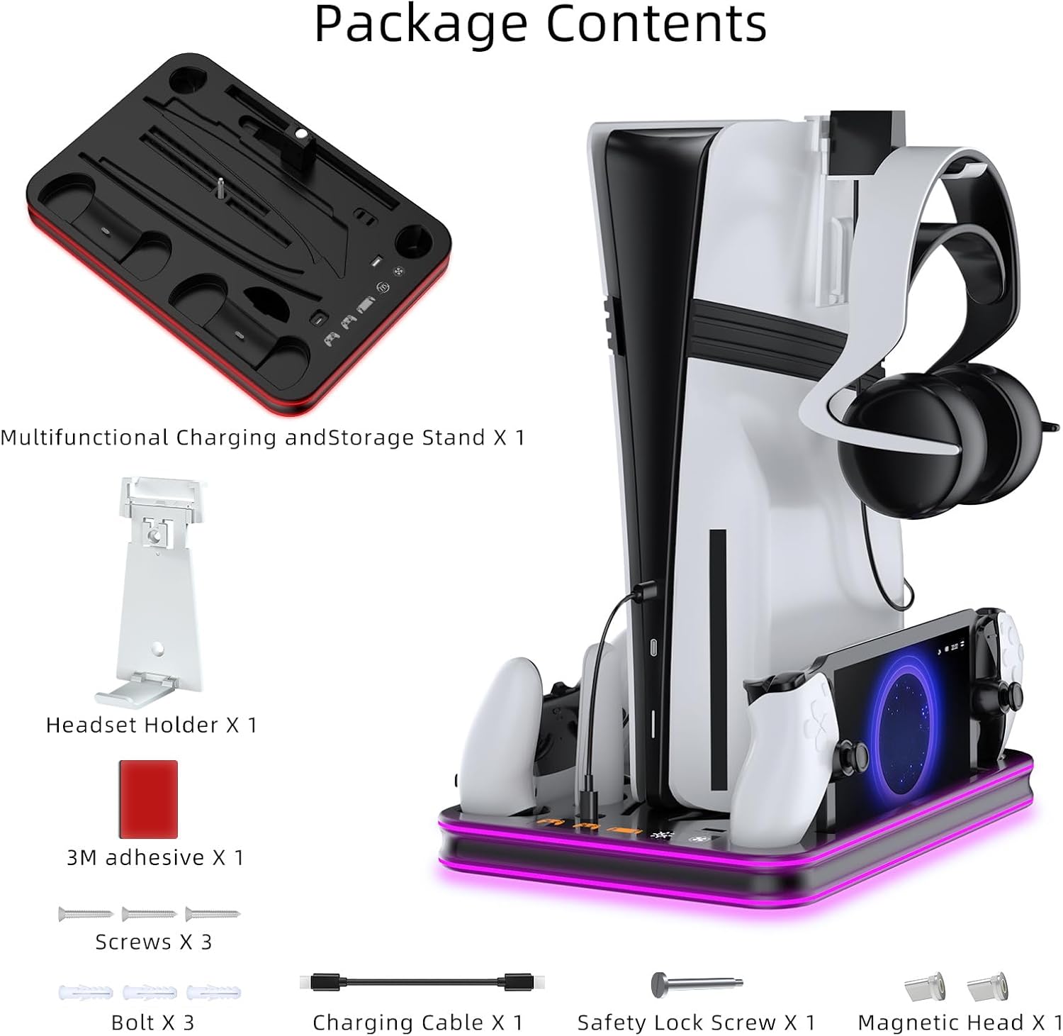 PlayStation Portal Charger, PS5 Stand and Cooling Station with RGB LED Controller Charging Dock Accessories, PS5 Edge Controller and PS Portal Charger, Headset and Remote Holders - Image 9