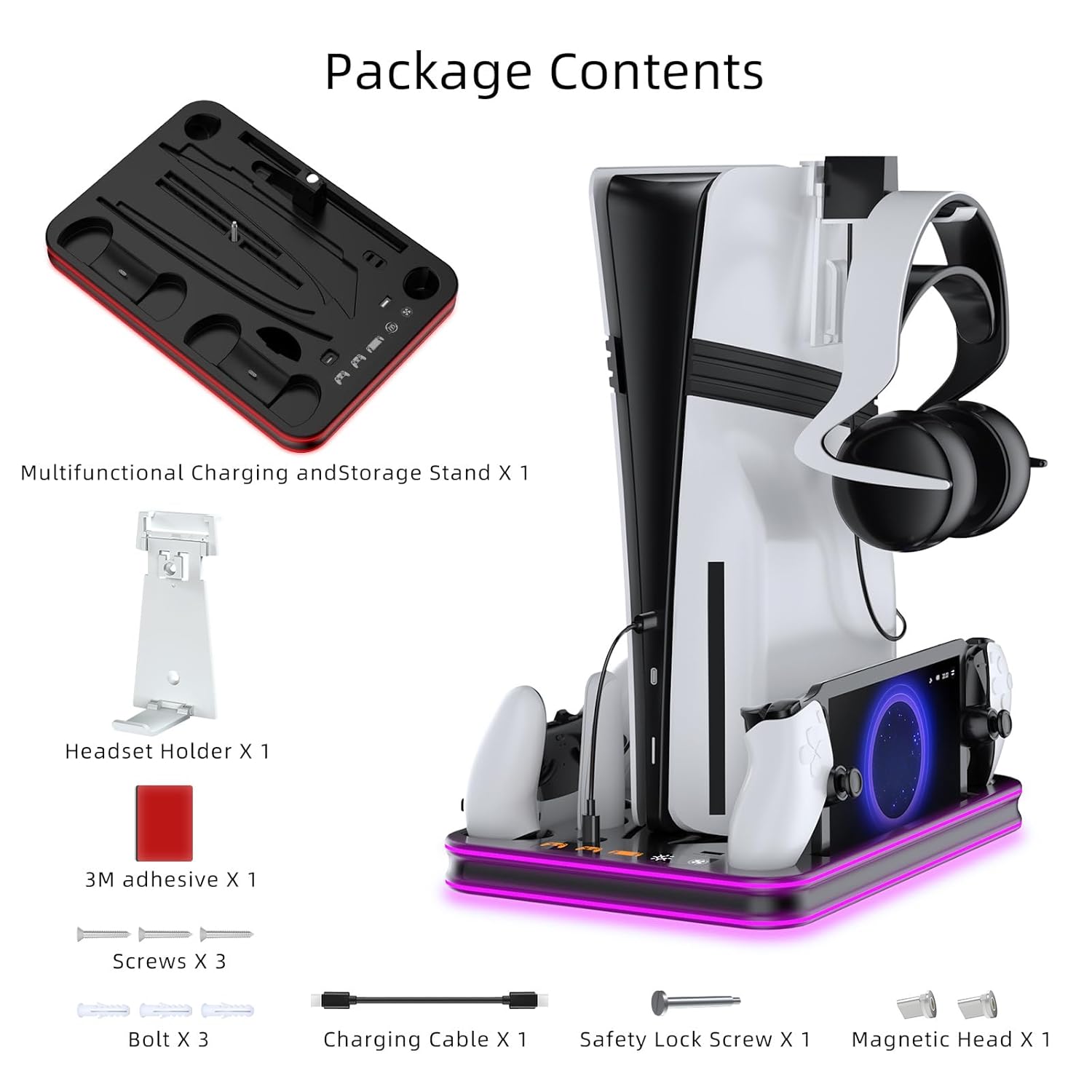 Applicable to PS5/Pro/Slim Cooling Stand with RGB Lights and PS Portal Charger, PS5&Edge Controller Charging Dock;Playstation console Cooling Station;Controller Charging Station；PS Portal charger;PS5/Slim/Pro/Portal Accessories Kit; Headphone Hanger, Remote Control Storage;Black