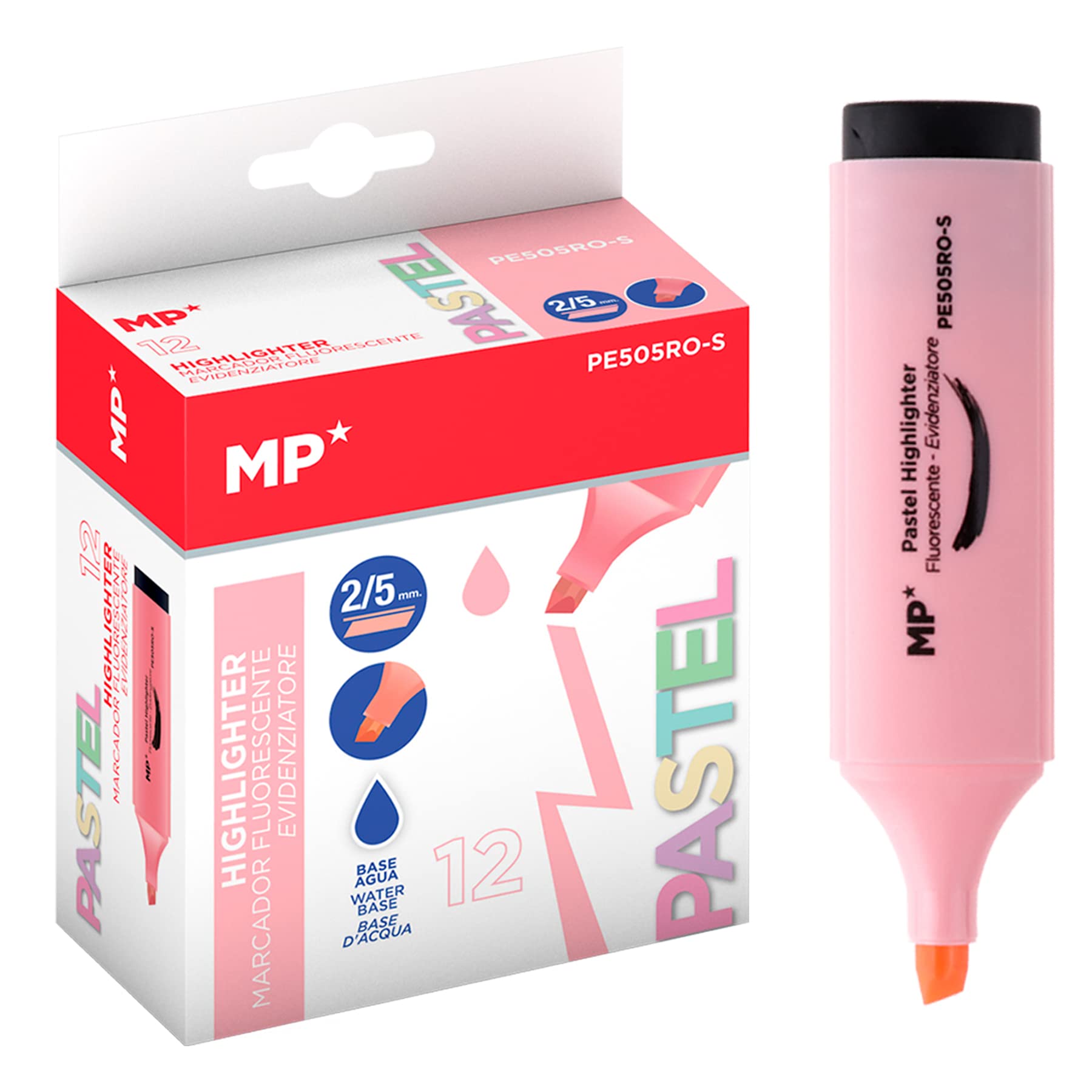 MP - Pack 12 Subrayadores Fluorescentes a Base de Agua, Punta Biselada, Antisecado, para Estudiantes, Niños, Adolescentes, Adultos, Uso Escolar y Trabajo, Rosa Pastel