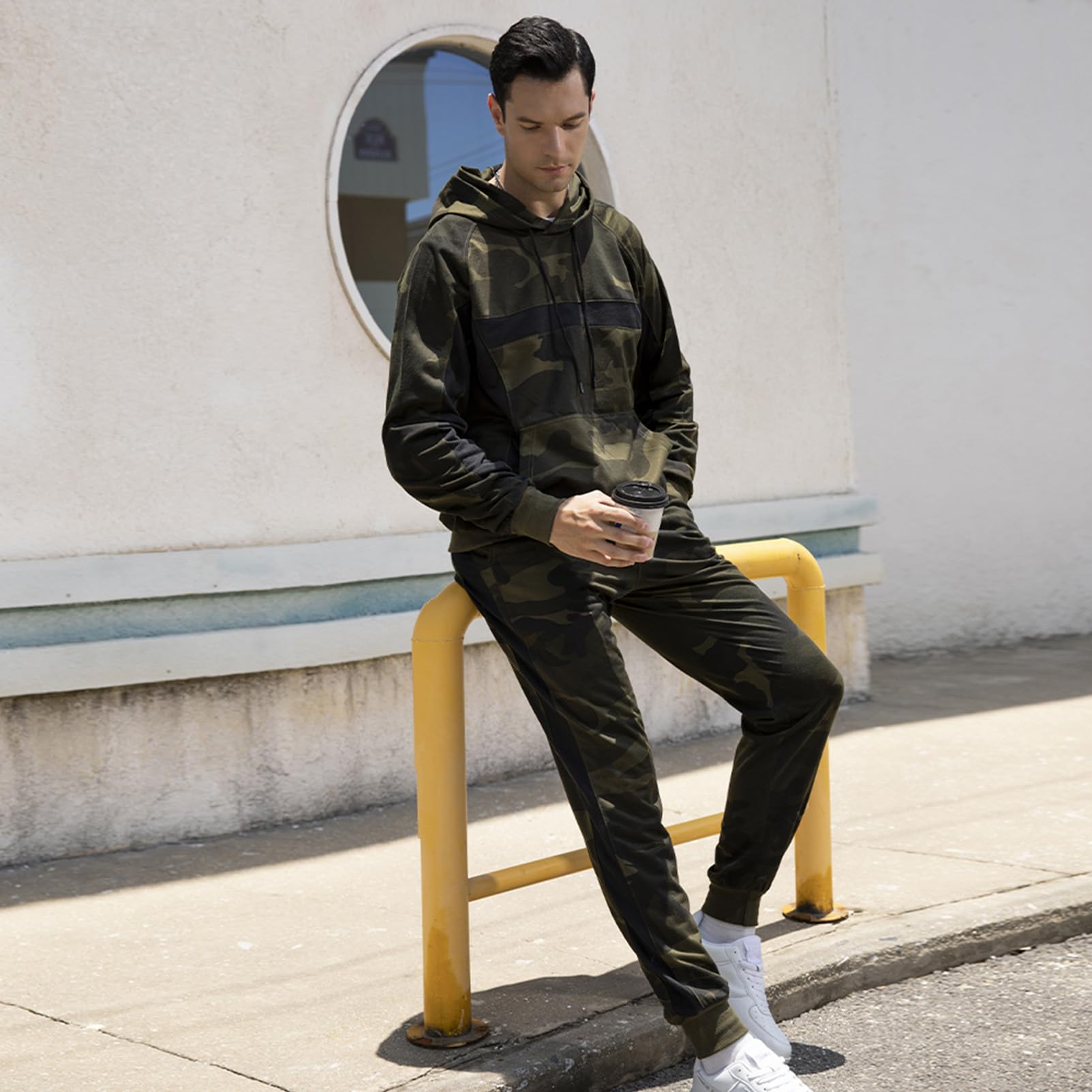 Uomo Tuta da Ginnastica Mimetica 2 Pezzi Felpe con Cappuccio e Pantaloni da Jogging Casual Abbigliamento Sportivo