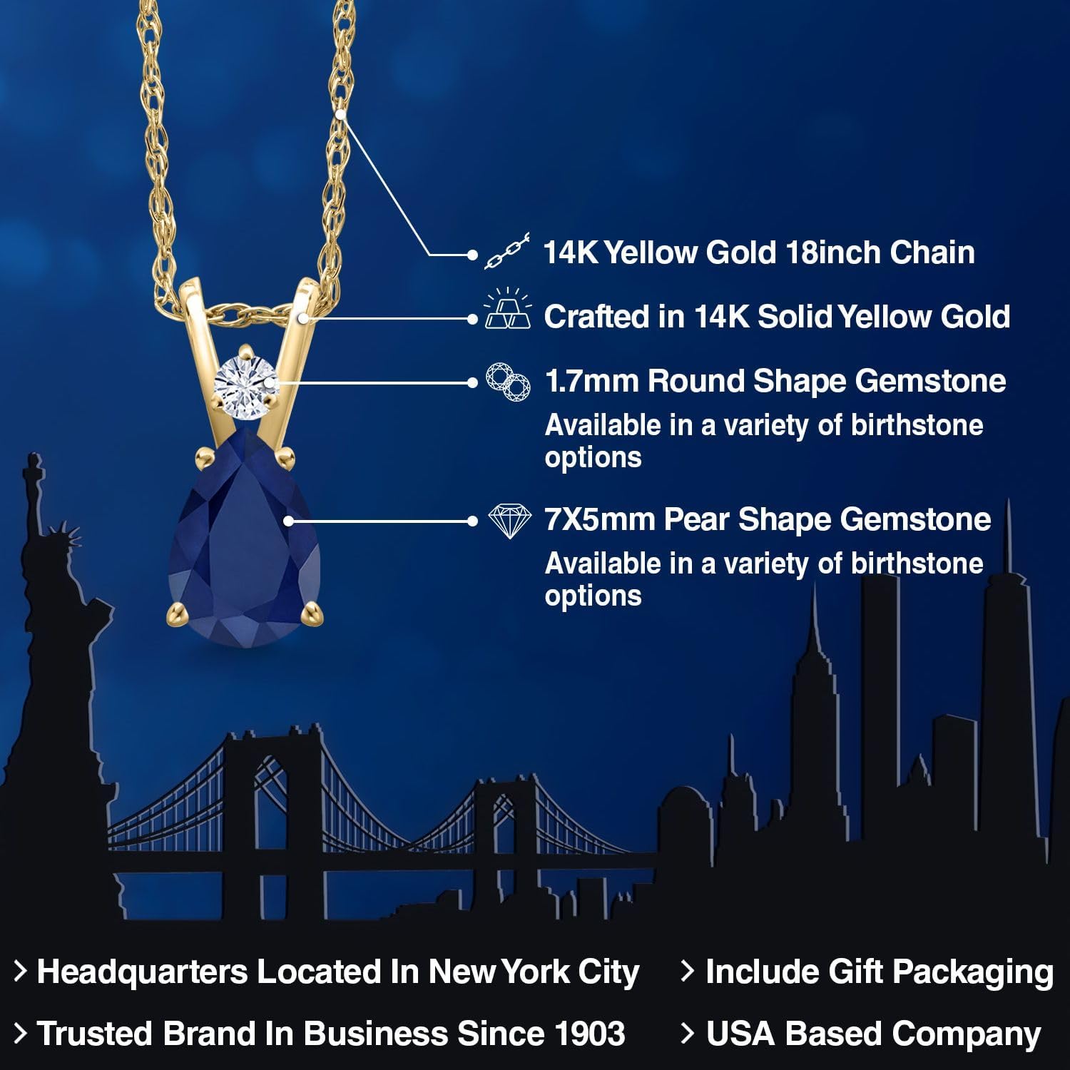 Gem Stone King 14K Yellow Gold Blue Sapphire and White Moissanite Pendant Necklace for Women | 0.91 Cttw | Gemstone September Birthstone | Pear Shape 7X5MM | With 18 Inch Chain - Image 2
