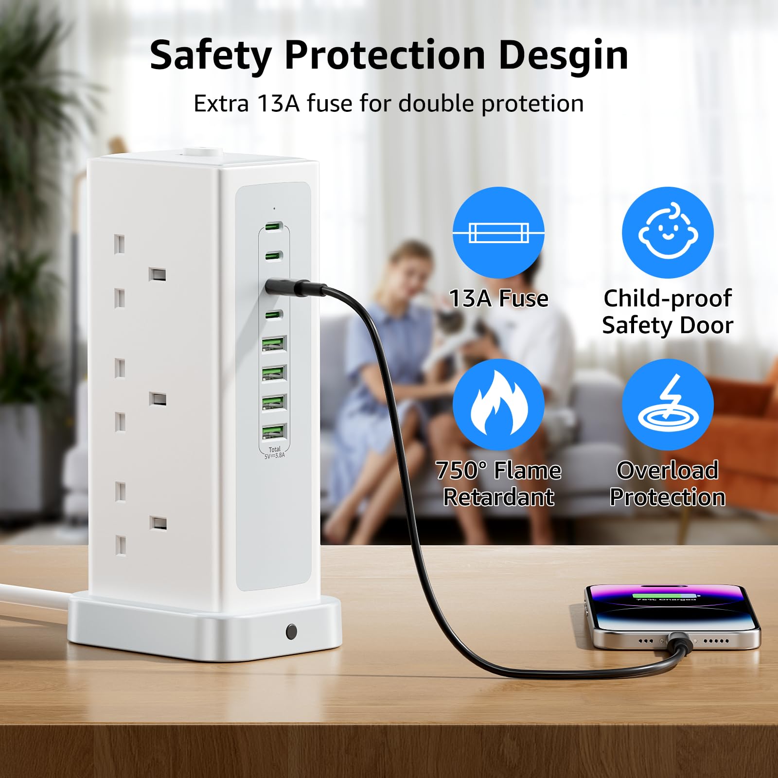 Tower Extension lead with USB Slots,6 Way (13A/3250W) Plug Extension Socket with 4 USB C & 4 USB A, Overload Protection Power Strip with Switch 1.8M Extension Cable for Office, Home, Kitchen — view 5