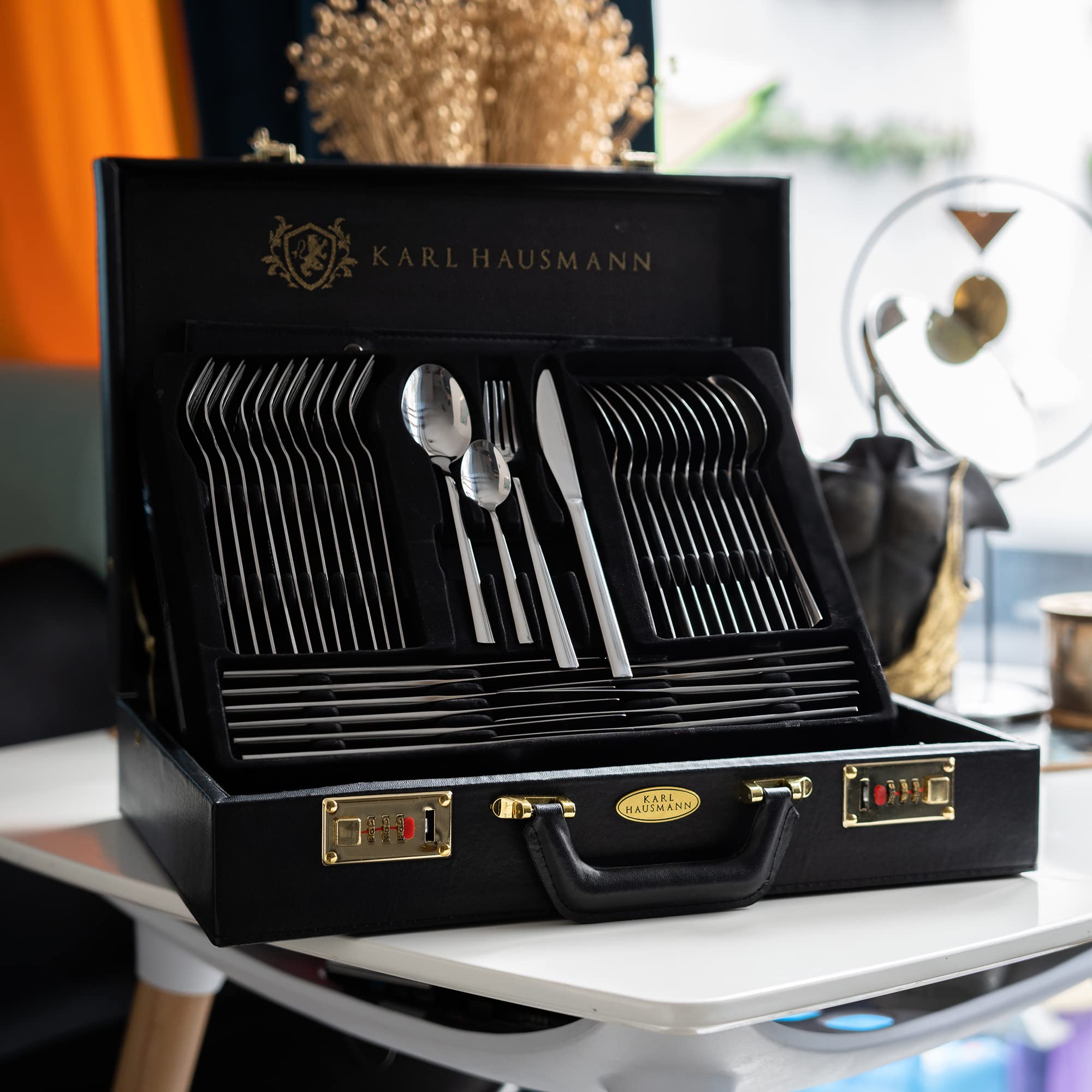 KARL HAUSMANN Cubertería 12 Personas, 72 Piezas Acero Inoxidable 18/0 con Maletín - Juego de Cubiertos con Cuchillos Tenedores Cucharas + Utensilios de Servicio, Pulido Brillante, Apto Lavavajillas
