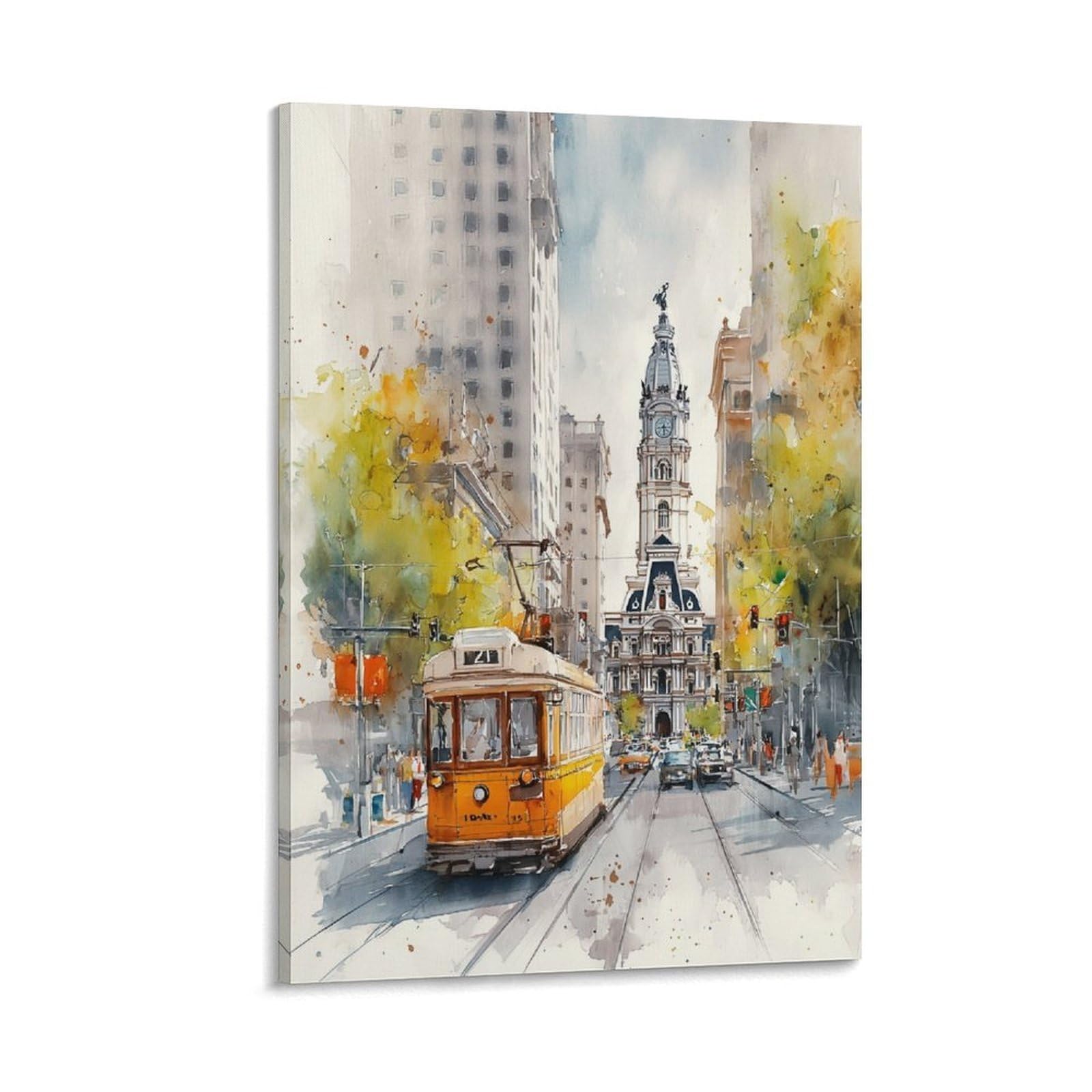 XWYMXZ Philadelphia City Hall 20x30inch(50x75cm) Vintage Travel Poster Watercolor Canvas Art