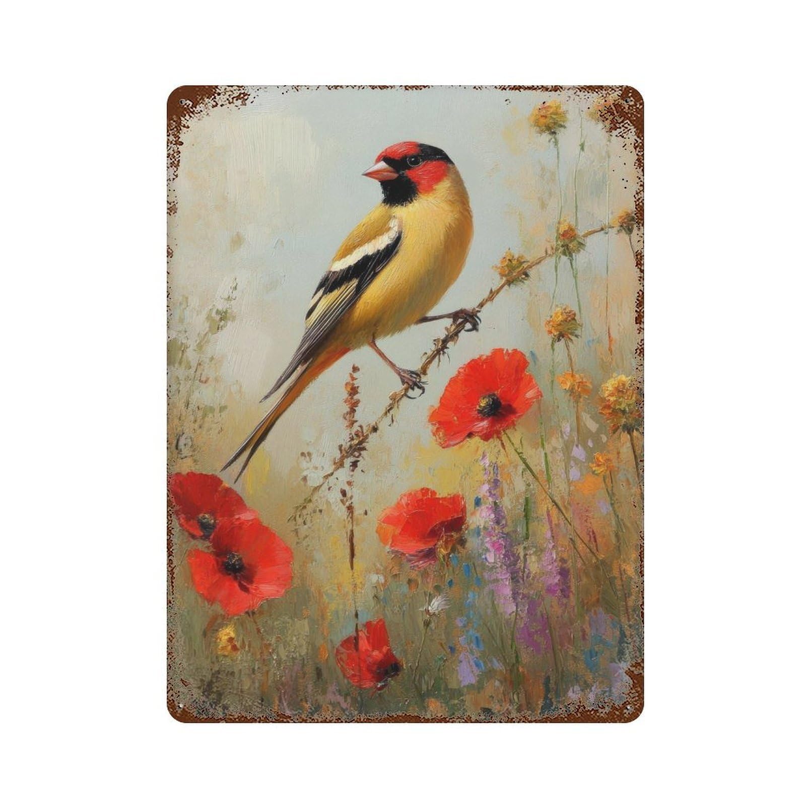 xiaoxiaoshen Goldfinch in Wild Flowers Vintage Nature Cottagecore Wall Decor Art Metal Tin Poster Modern Home Decor Art Home Bar Shop Decorations Vintage Sign 40x30cm